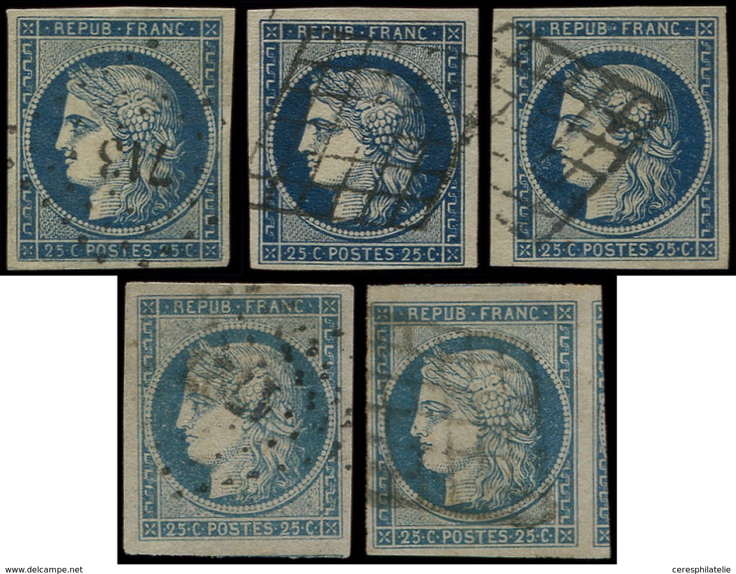 EMISSION DE 1849 - 4    25c. Bleu, 5 Ex. Choisis, Nuances, TTB/Superbes - 1849-1850 Ceres