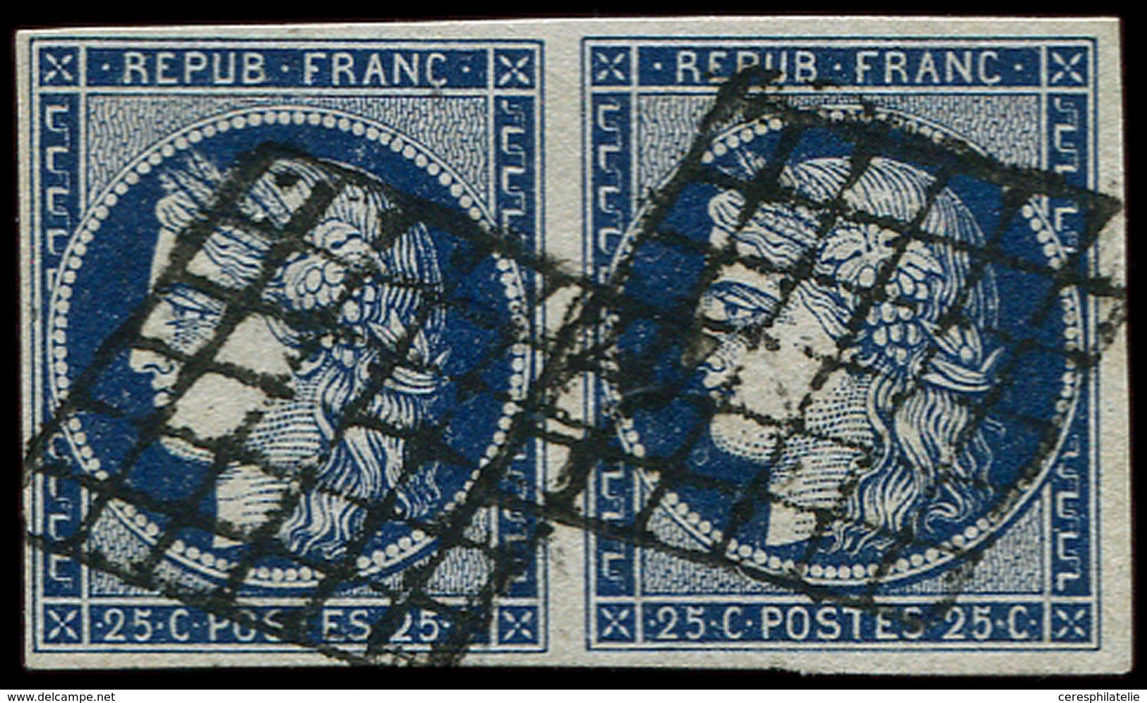 EMISSION DE 1849 - 4a   25c. Bleu Foncé, PAIRE Obl. GRILLE, TB/TTB - 1849-1850 Ceres