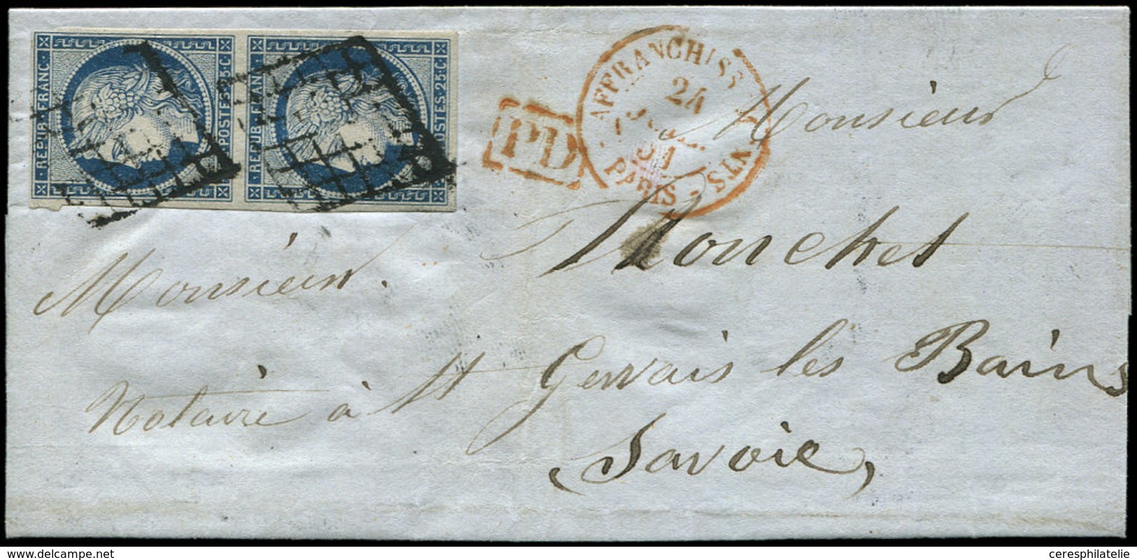 Let EMISSION DE 1849 - 4a   25c. Bleu Foncé, PAIRE Obl. GRILLE S. LAC, Càd ROUGE AFFRANCHISSEMENTS PARIS 24/7/51 Pour La - 1849-1850 Cérès