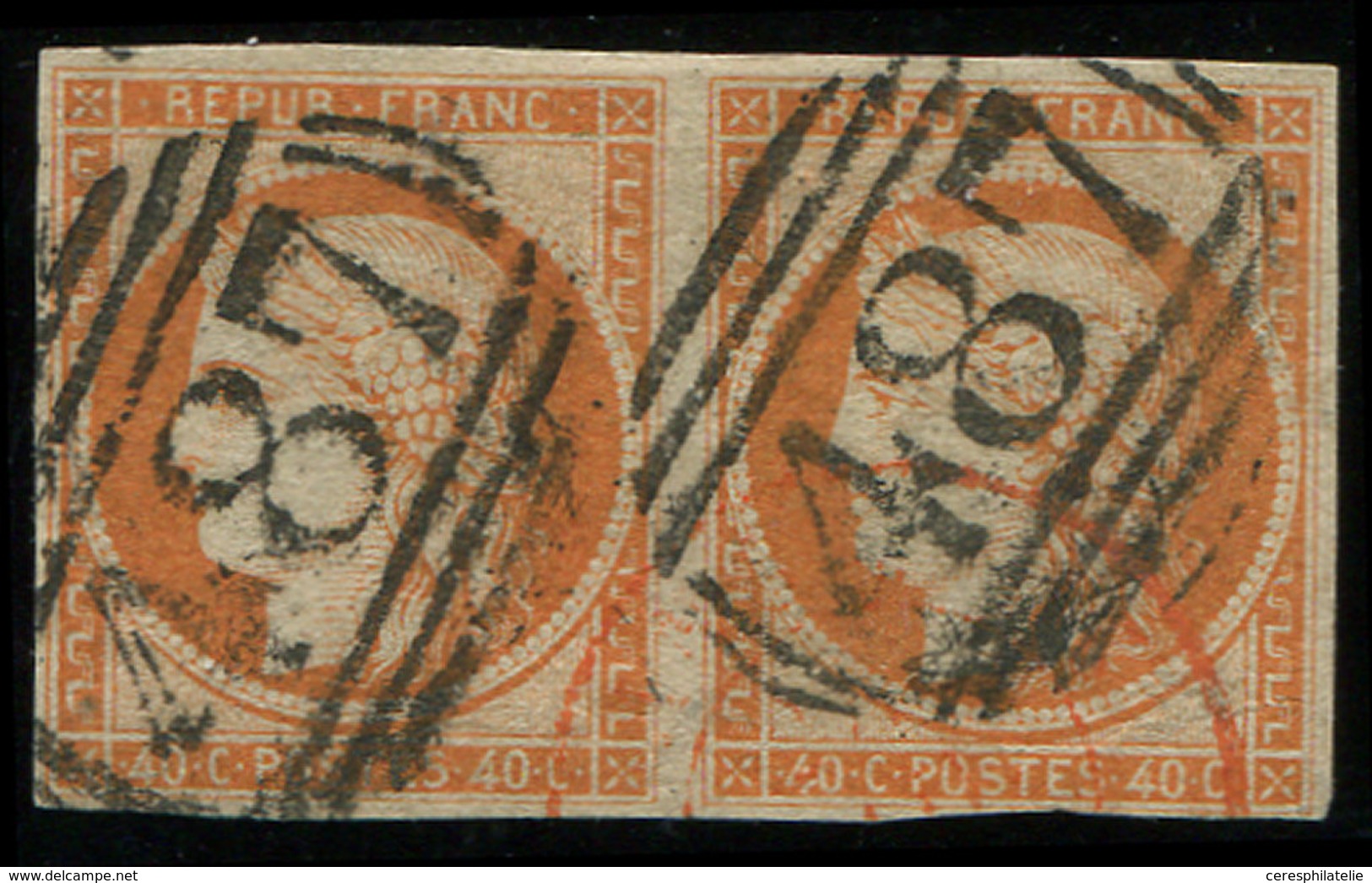 EMISSION DE 1849 - 5    40c. Orange, PAIRE Obl. GC ANGLAIS 487, Inf. Déf. Mais RR Et Frappe Superbe - 1849-1850 Ceres