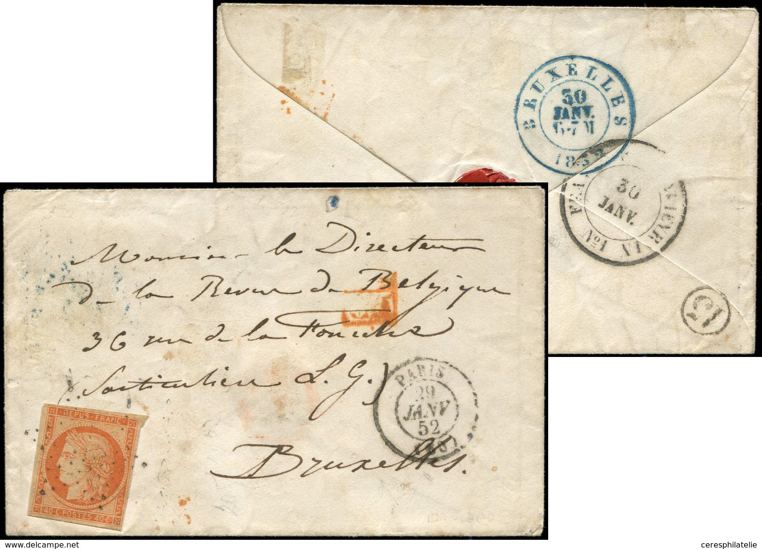 Let EMISSION DE 1849 - 5    40c. Orange, Obl. ETOILE S. Env., Càd PARIS 29/1/52, Arr. BRUXELLES 30/1, TTB - 1849-1850 Ceres