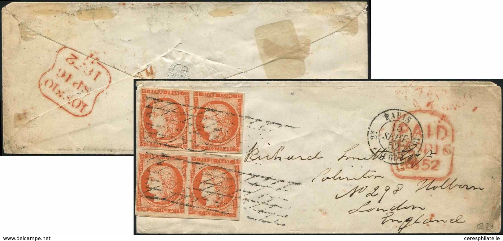 Let EMISSION DE 1849 - 5    40c. Orange (2 PAIRES) Obl. GRILLE SANS FIN S. Env., Càd Paris 15/9/52, Arr. LONDON, Superbe - 1849-1850 Ceres