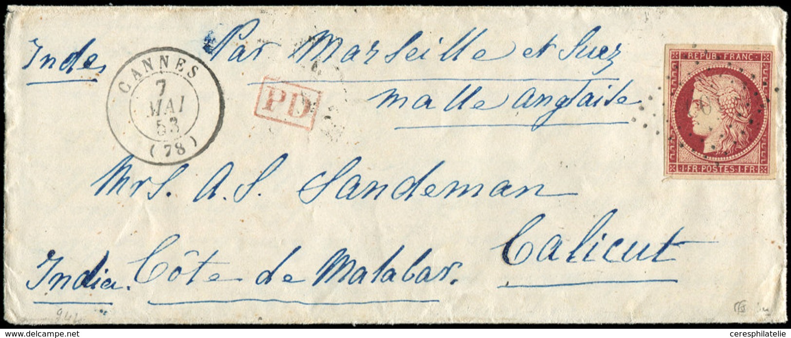 Let EMISSION DE 1849 - 6     1f. Carmin, Obl. PC 601 S. LAC, Càd T15 CANNES 7/5/53, Passage MADRAS STEAM LETTER Et Arr.  - 1849-1850 Ceres