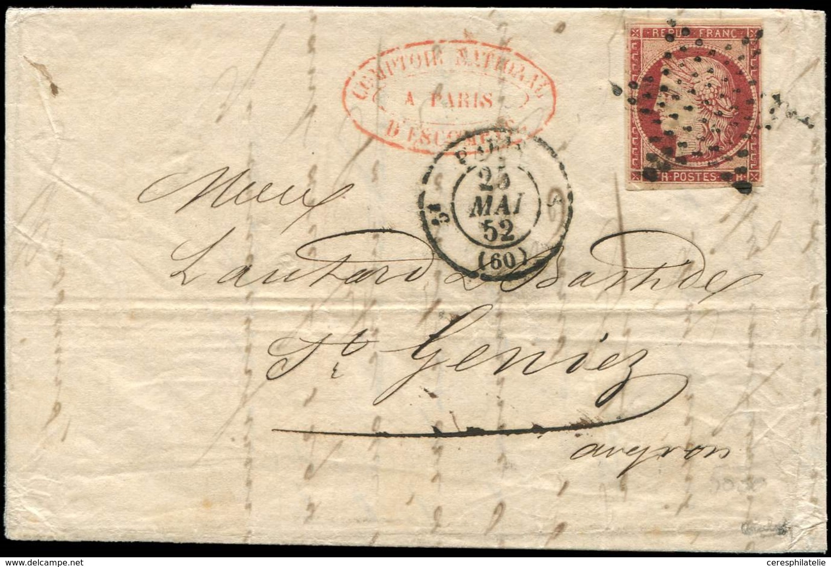 Let EMISSION DE 1849 - 6     1f. Carmin, Obl. ETOILE S. LAC, Càd T1342 PARIS 25/5/52, TB. C - 1849-1850 Ceres