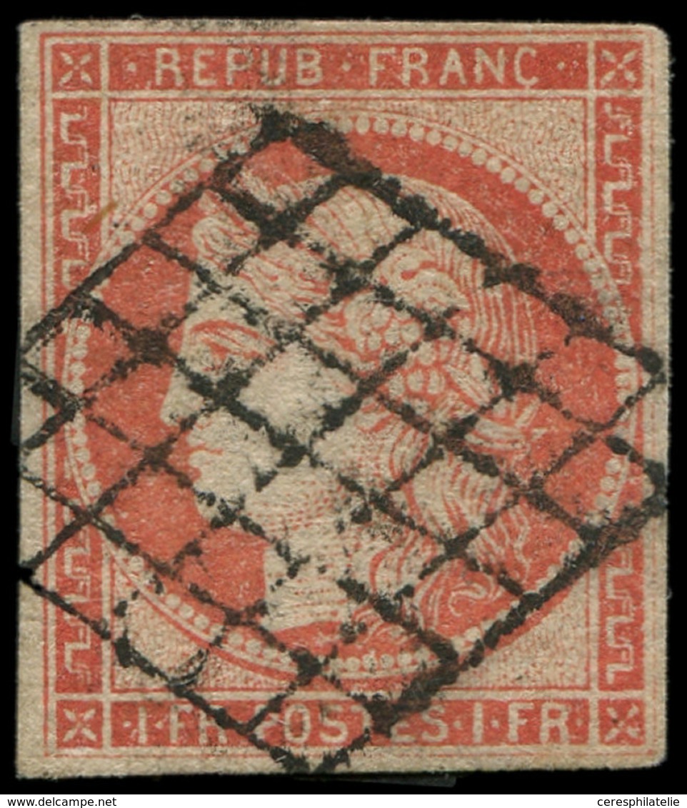 EMISSION DE 1849 - 7     1f. VERMILLON, Très Jolie Nuance, Obl. GRILLE, TB, Certif. Calves - 1849-1850 Cérès
