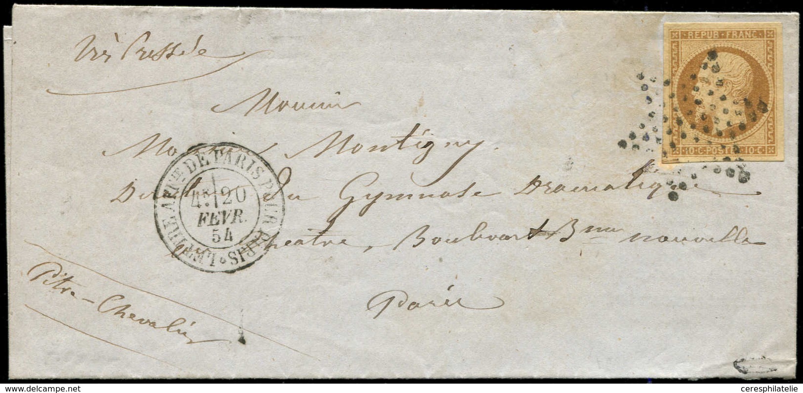 Let PRESIDENCE - 9    10c. Bistre-jaune, Très Bien Margé, Obl. ETOILE S. LAC, Càd LETTRE AFFRANCHIE DE PARIS POUR PARIS  - 1852 Louis-Napoleon