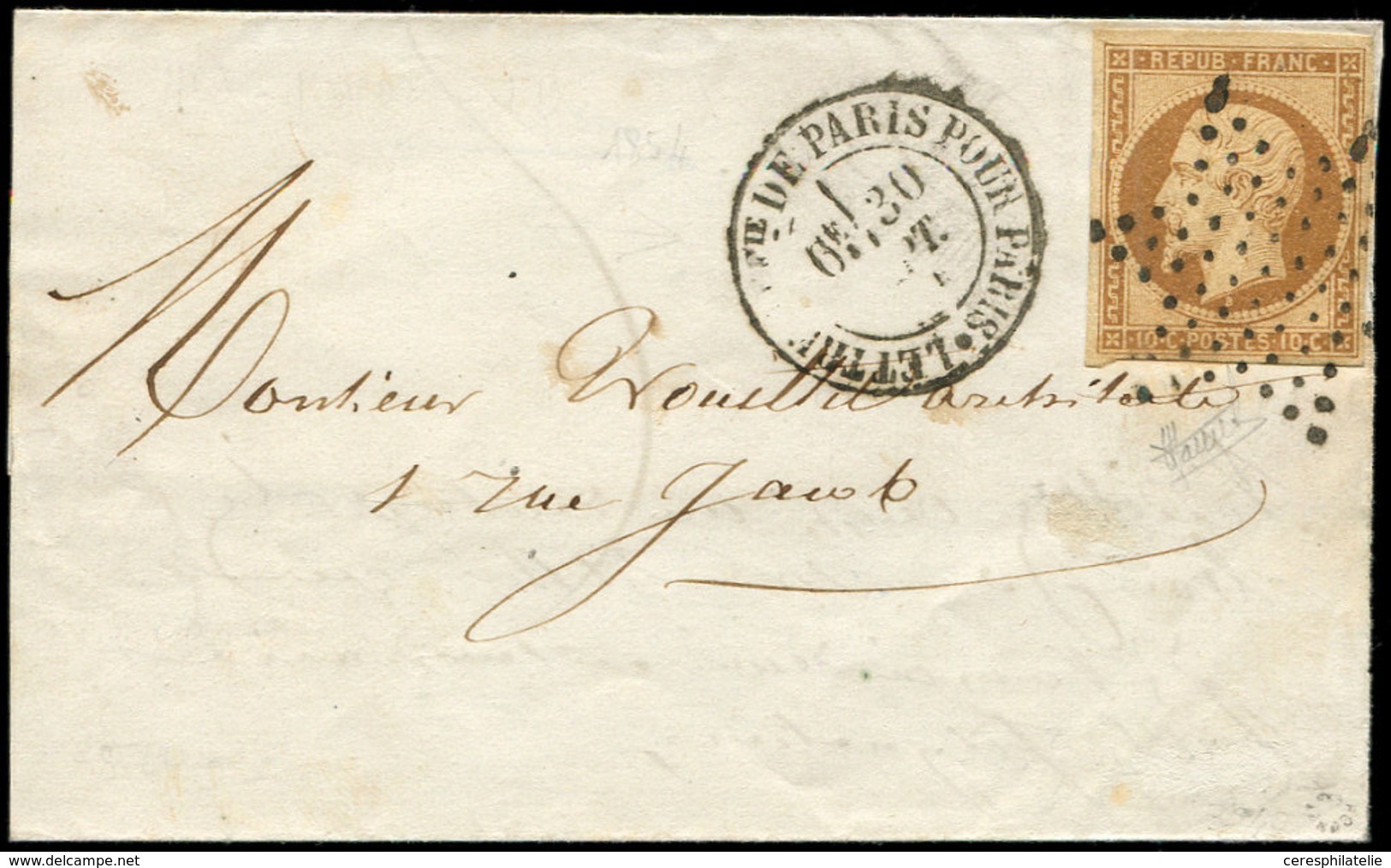 Let PRESIDENCE - 9    10c. Bistre-jaune, Obl. ETOILE S. Petite LAC, Càd LETTRE AFFrie DE PARIS POUR PARIS 30/9/(54), TB - 1852 Louis-Napoleon