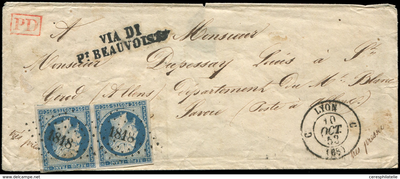 Let PRESIDENCE - 10   25c. Bleu, PAIRE Obl. PC 1818 S. Env., Càd T15 C LYON C 10/10/53, Griffe VIA DI/Pt BEAUVOISIN, Arr - 1852 Louis-Napoleon