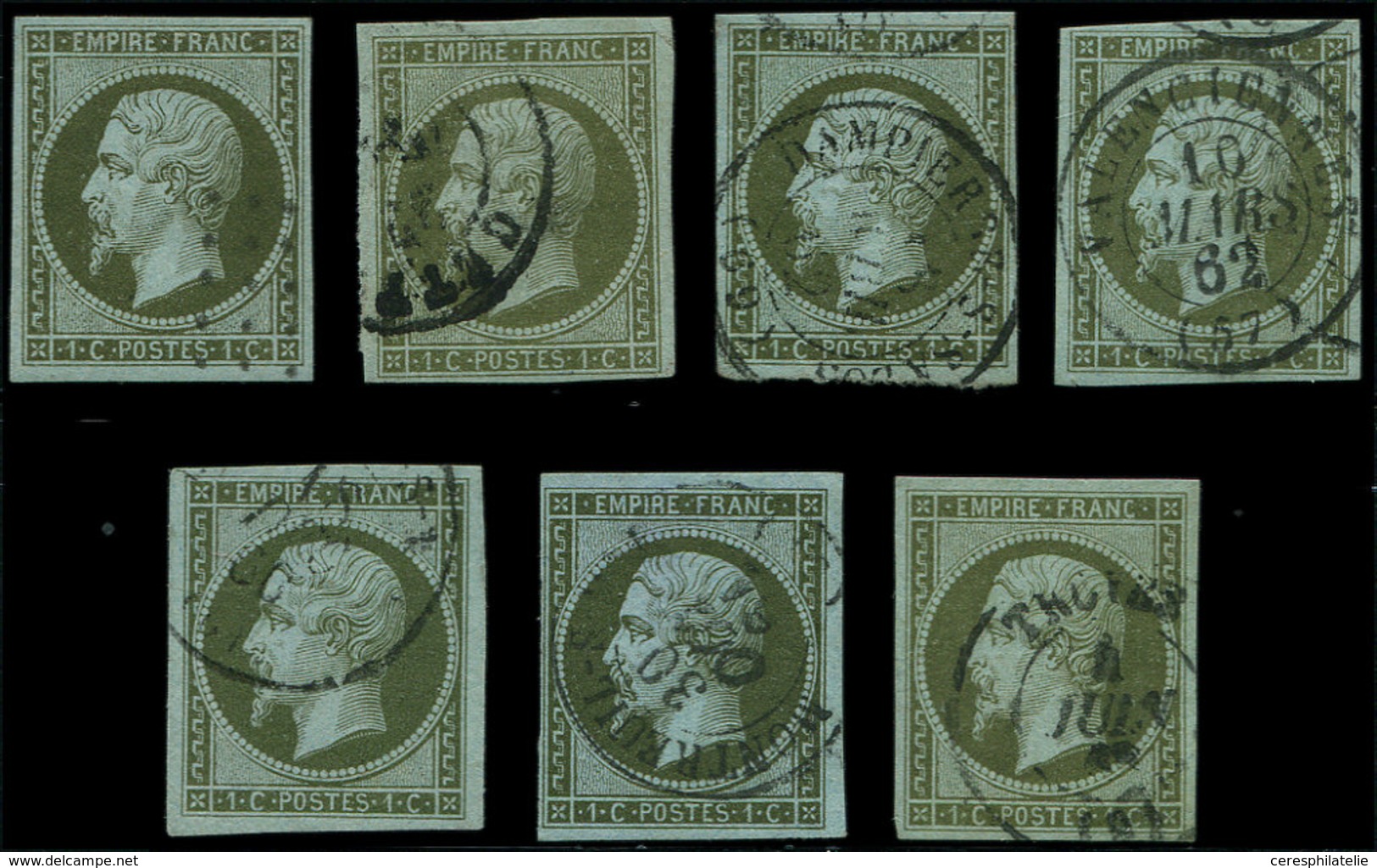 EMPIRE NON DENTELE - 11    1c. Olive, 7 Unités Choisies Dont Nuances, Oblitérées, TB - 1853-1860 Napoleon III