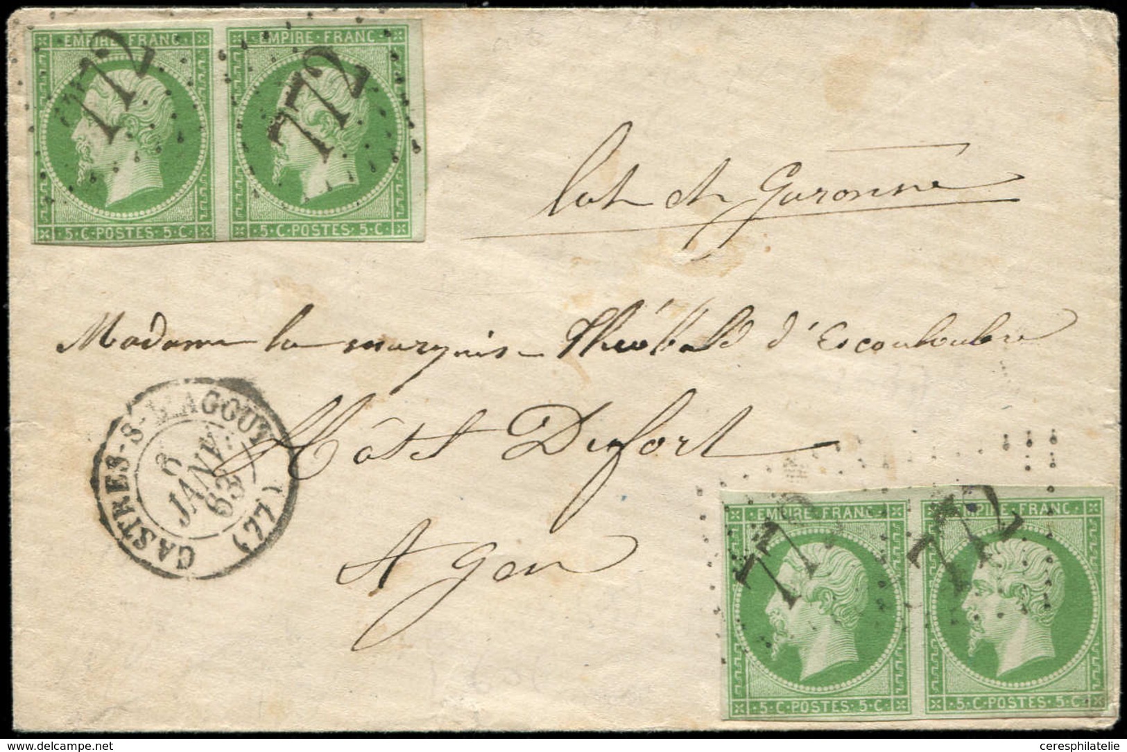 Let EMPIRE NON DENTELE - 12    5c. Vert, 2 PAIRES 1 T. Effl., Obl. GC 772 S. Env., Càd T15 CASTRES-S-L'AGOUT 6/1/63, Bon - 1853-1860 Napoleon III