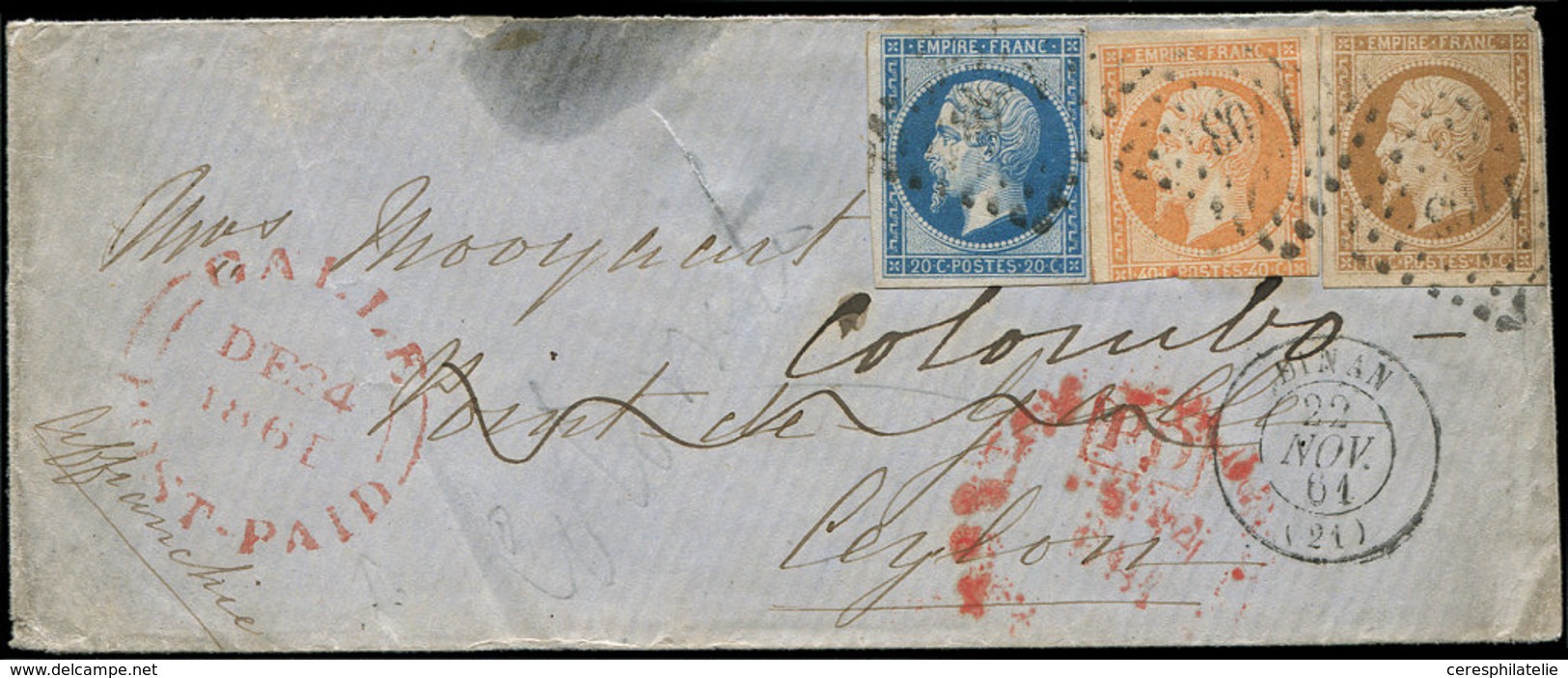 Let EMPIRE NON DENTELE - 13B, 14B Et 16, Ce Dernier Entamé, Obl. PC 1103 S. Env., Càd T15 DINAN 22/11/61, Arr. GALLE (Ce - 1853-1860 Napoleon III