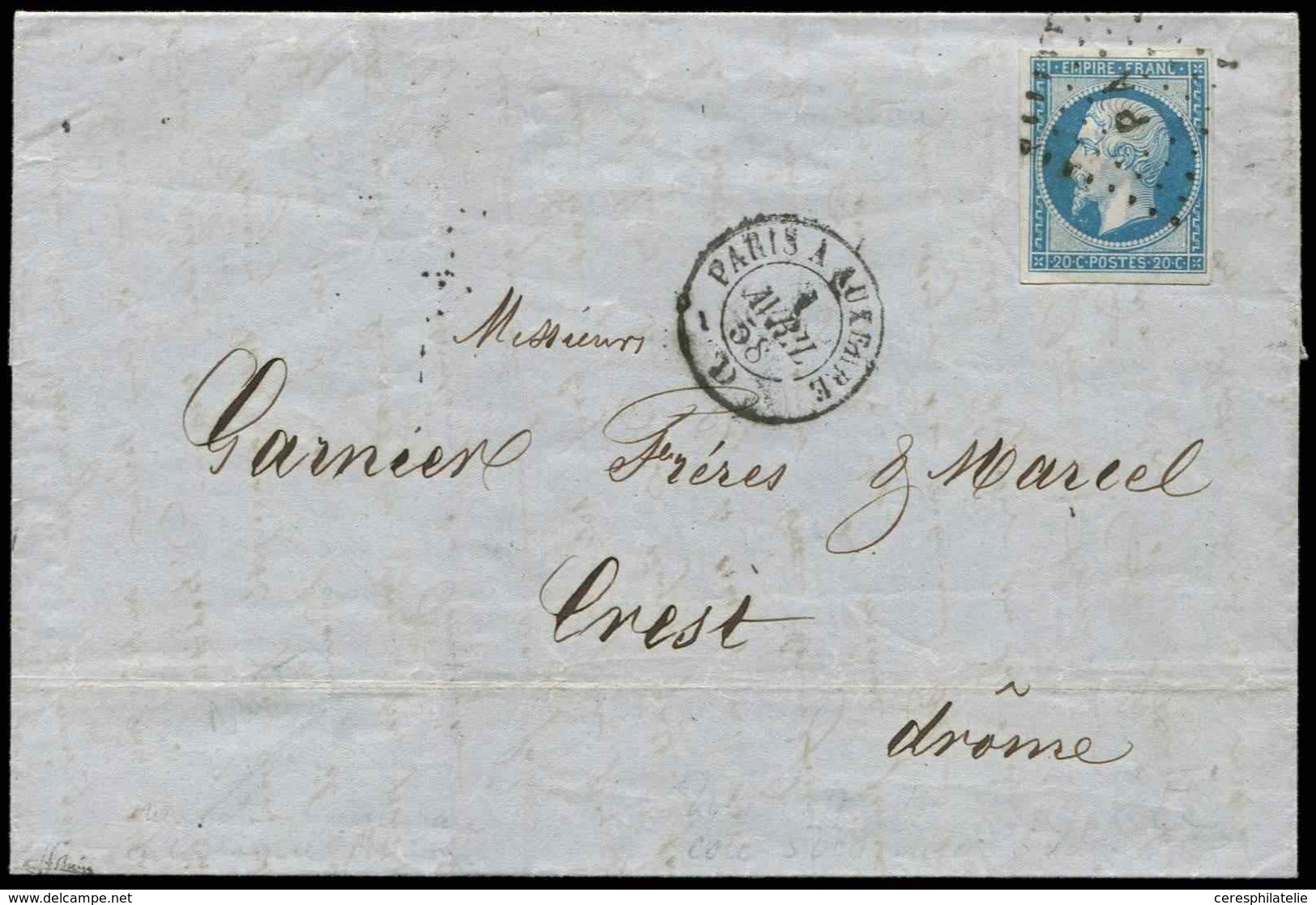 Let EMPIRE NON DENTELE - 14A  20c. Bleu Obl. Los. PA S. LAC, Càd PARIS A AUXERRE 1/4/58, Non Signalé, TTB - 1853-1860 Napoleon III