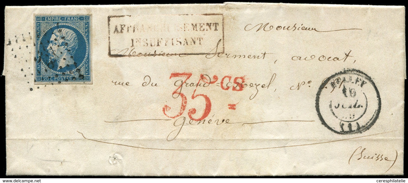 Let EMPIRE NON DENTELE - 14A  20c. Bleu, T I, Obl. PC 358 S. LAC, Càd T15 BELLEY 10/7/59, Taxe 35cs, Arr. GENEVE Le 10/7 - 1853-1860 Napoleon III
