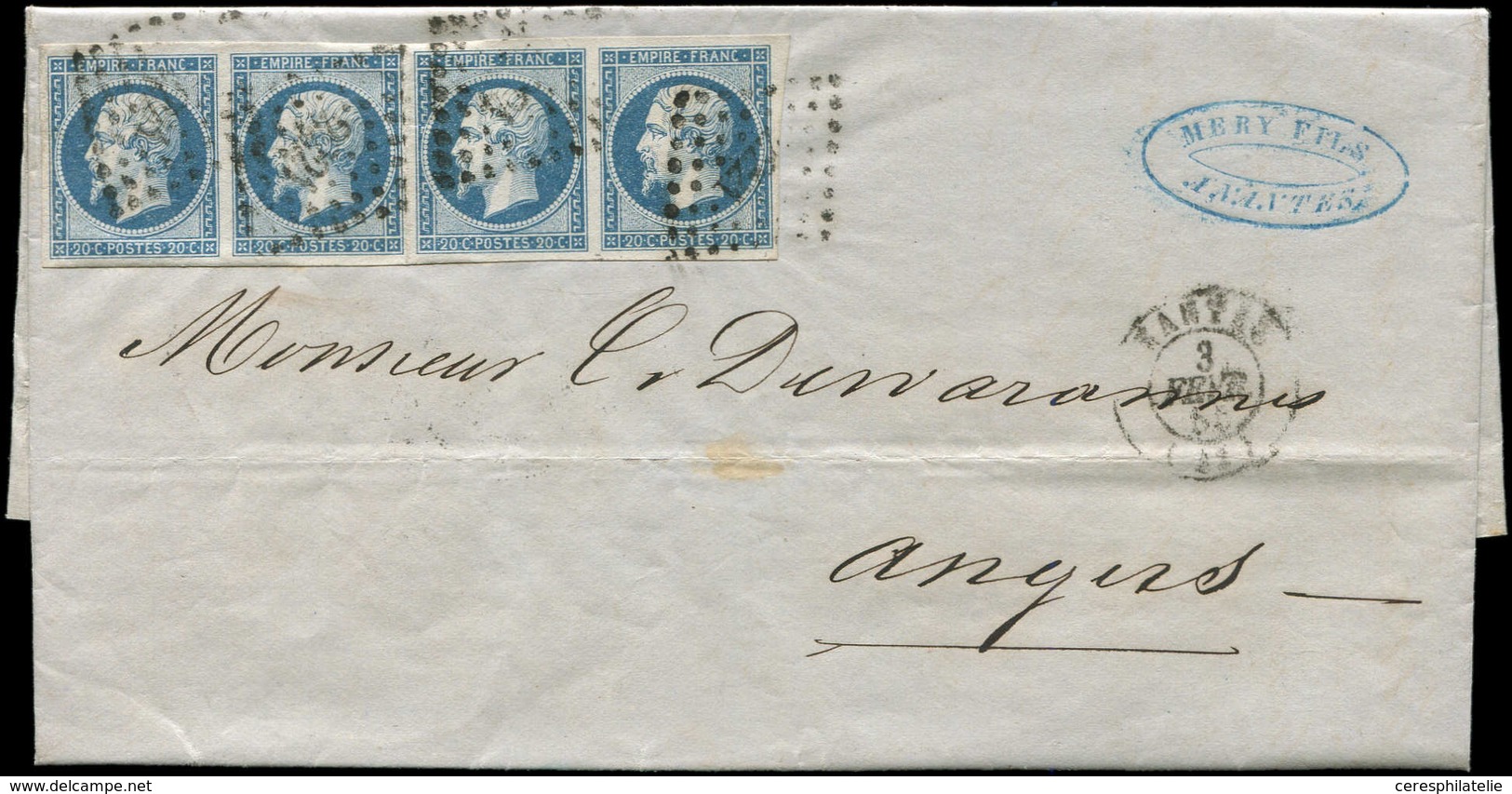 Let EMPIRE NON DENTELE - 14A  20c. Bleu BANDE De 4 Obl. PC 2221 S. LAC, Càd T15 NANTES 3/2/55, TTB - 1853-1860 Napoleon III