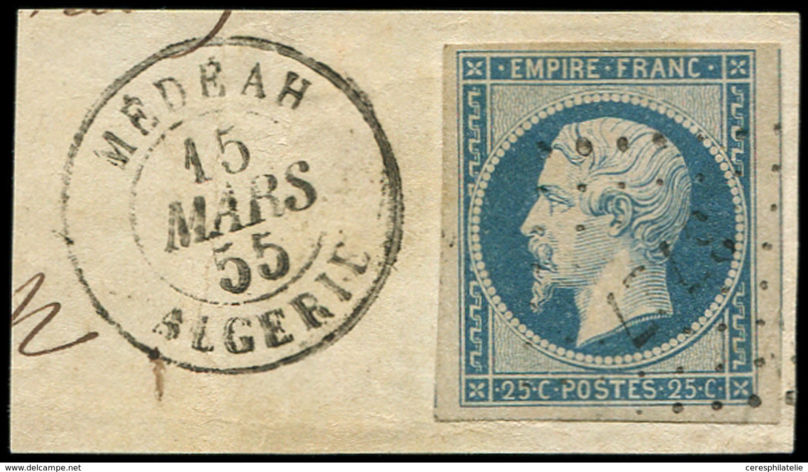 EMPIRE NON DENTELE - 15a  25c. Bleu Laiteux, Obl. PC S. Fragt Avec Càd MEDEAH 15/3/55, TTB - 1853-1860 Napoleon III