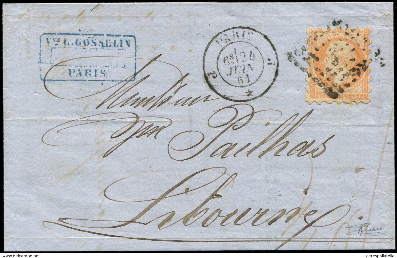 Let EMPIRE NON DENTELE - 16   40c. Orange, PIQUAGE SUSSE, Obl. Los. J S. LAC, Càd PARIS 24/6/61, TB - 1853-1860 Napoléon III