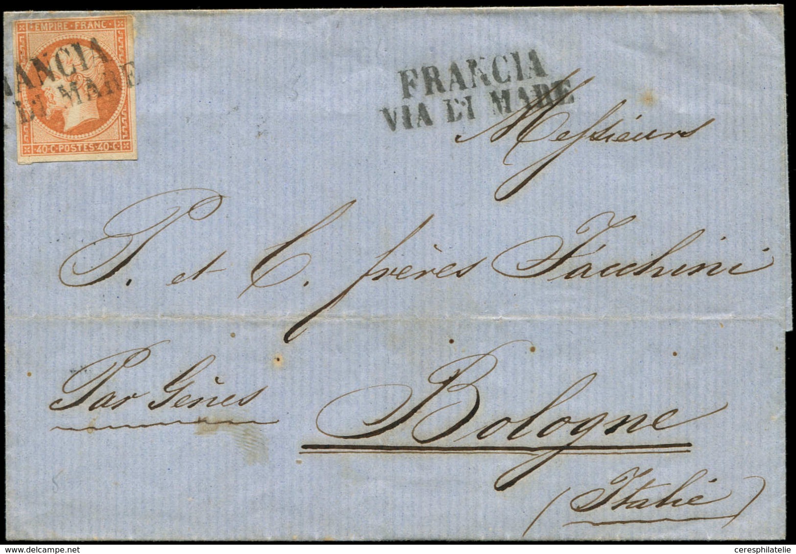 Let EMPIRE NON DENTELE - 16   40c. Orange, Obl. Griffe "FRANCIA/VIA DI MARE" S. LSC De Marseille Du 7/6/62, TB - 1853-1860 Napoléon III