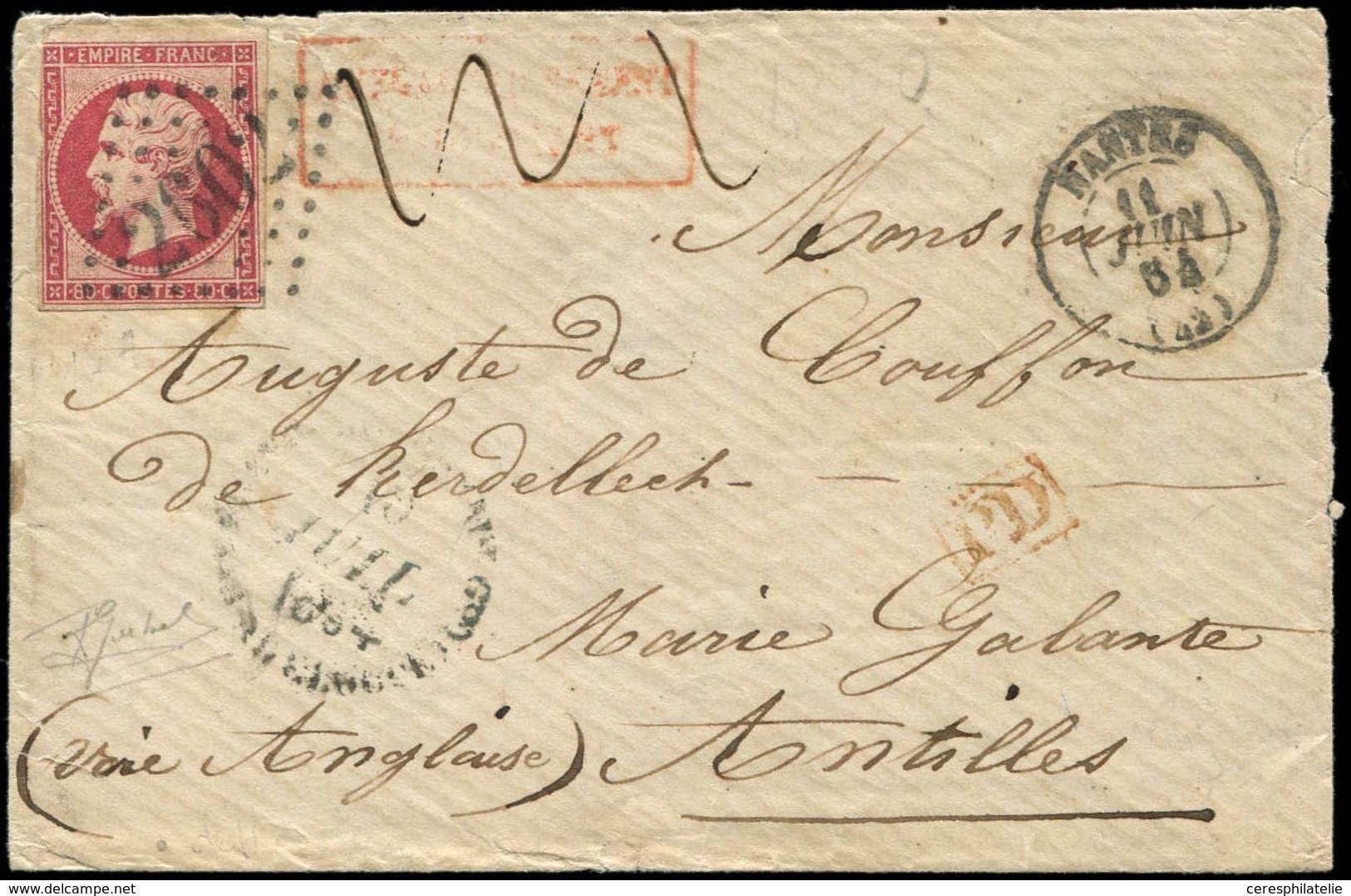 Let EMPIRE NON DENTELE - 17B  80c. Rose, Obl. GC 2502 S. Env., Càd T15 NANTES 11/6/54, Arr. MARIE GALANTE, Cachet "Affra - 1853-1860 Napoléon III