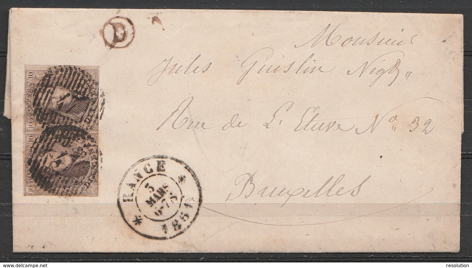 L. De SIVRY Affr. N°10 (paire) Càd RANCE /5 MARS 1861 Pour BRUXELLES - Boîte Rurale "D" - 1858-1862 Medaglioni (9/12)