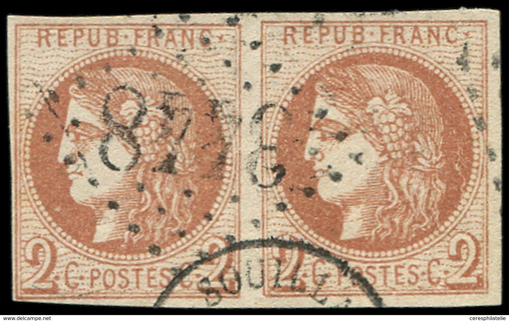 EMISSION DE BORDEAUX - 40B   2c. Brun-rouge, R II, PAIRE Obl. GC 3448 Et Càd Partiel, TB. C - 1870 Emisión De Bordeaux