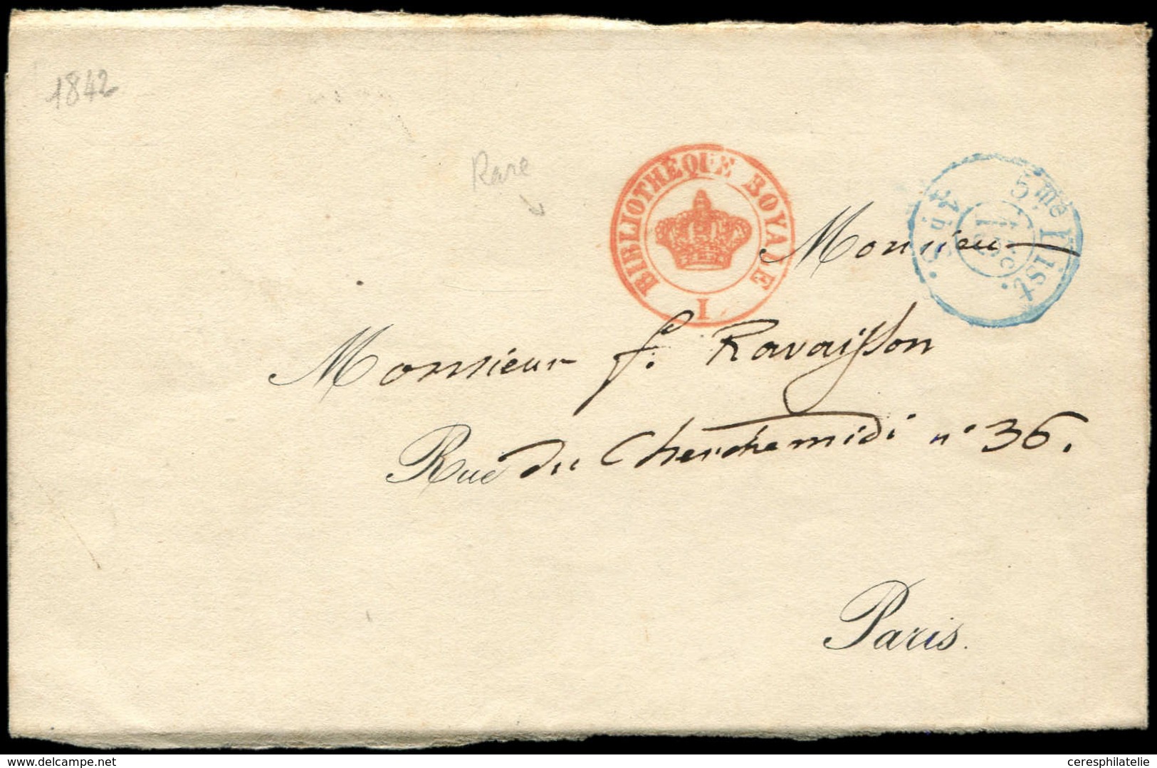 Let LETTRES SANS TIMBRE ET DOCUMENTS DIVERS - Cachet Rouge Avec Couronne "BIBLIOTHEQUE ROYALE/I" (S 4789) Sur LAC De 184 - Otros & Sin Clasificación