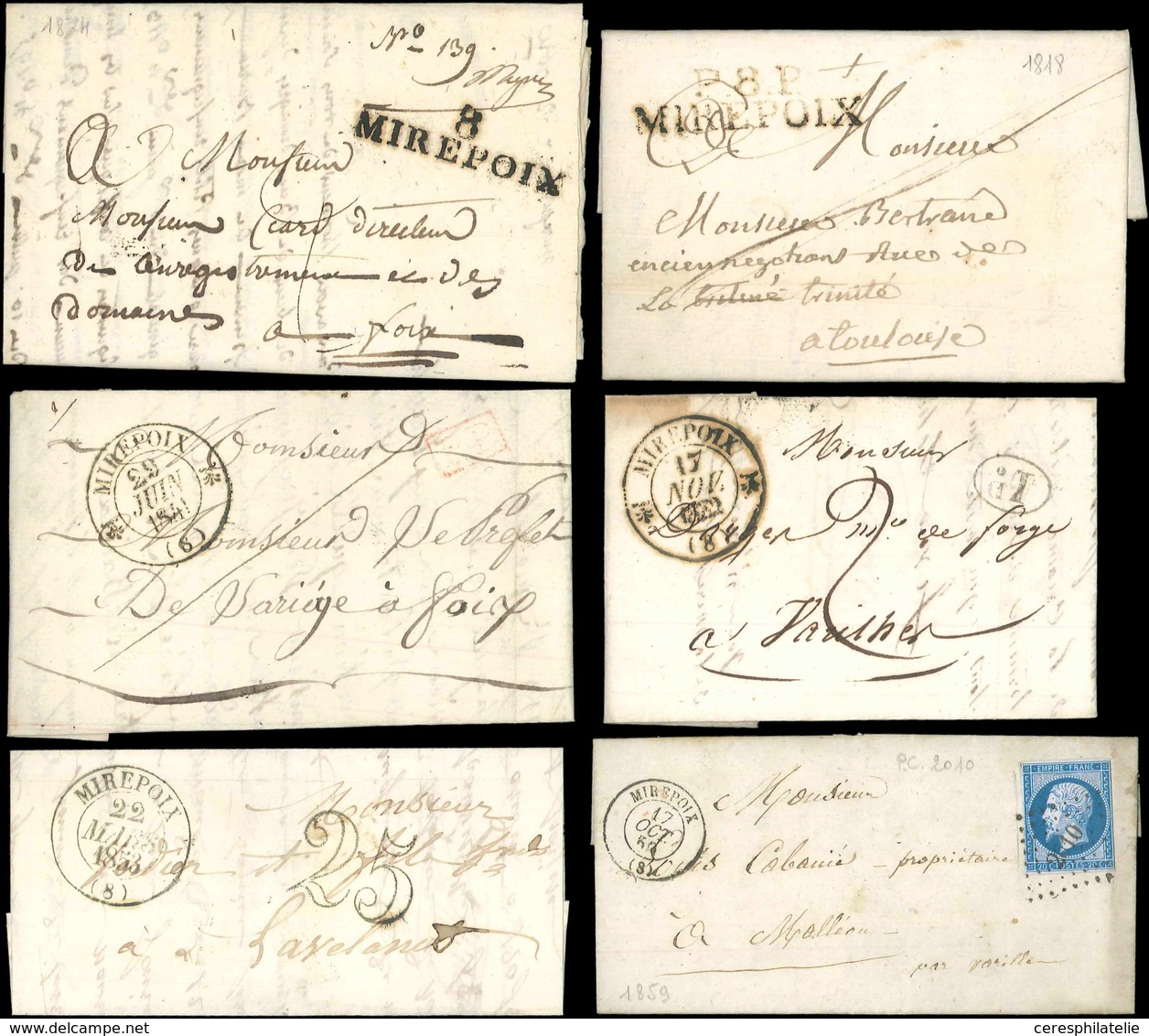 Let OBLITERATIONS PAR DEPARTEMENTS - 8/ARIEGE MIREPOIX, 2 MP Dont Une P8P, 3 LST Avec Càd T12 (1) Et 13 (2) Et Une LAC A - 1849-1876: Periodo Clásico