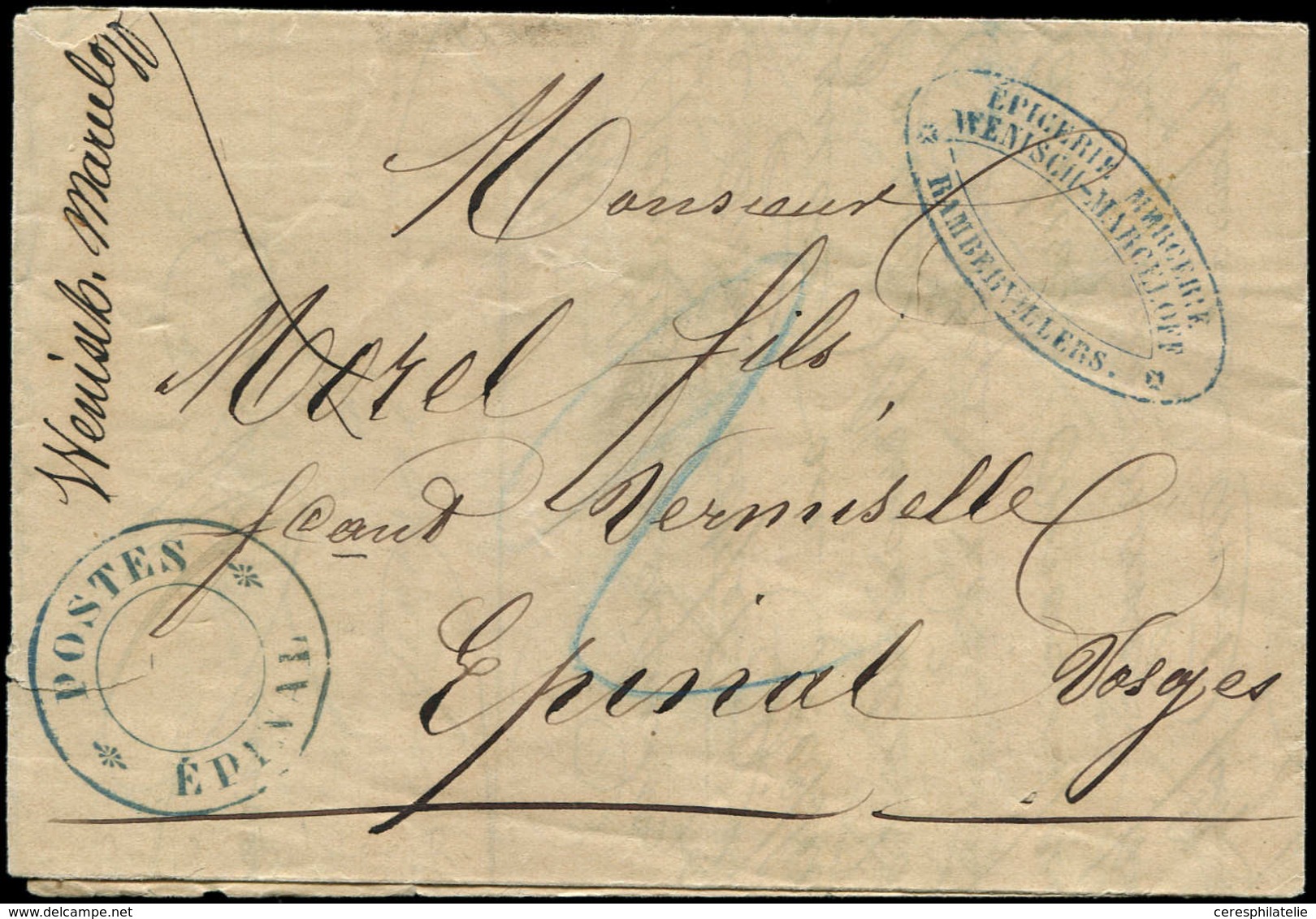 Let Guerre De 1870 -  Grand Cachet Provisoire Bleu POSTES/EPINAL Sur LAC De Rambervillers Du 24/12/70, R Et TB - Guerra De 1870