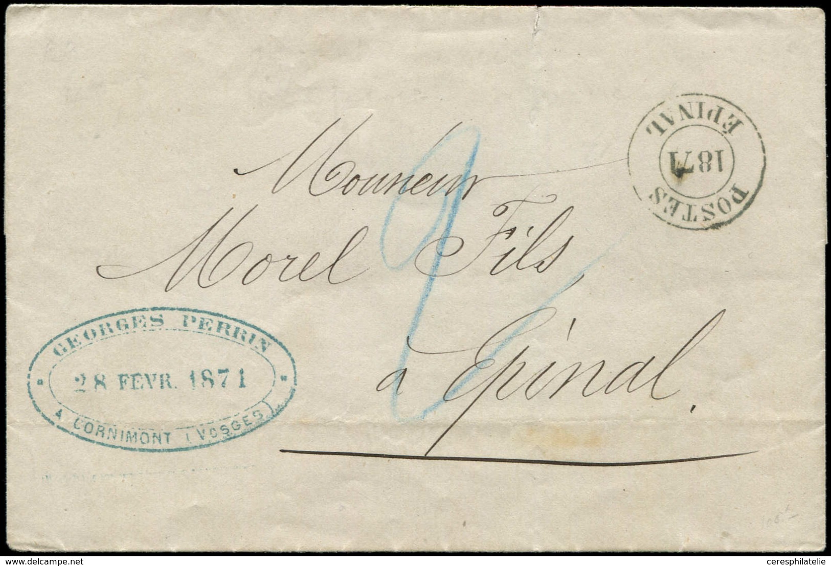 Let Guerre De 1870 -  Cachet Provisoire POSTES/EPINAL/1871 S. LSC De Cornimont Du 28/2, Taxe 2 Au Crayon Bleu, TB - Guerra De 1870