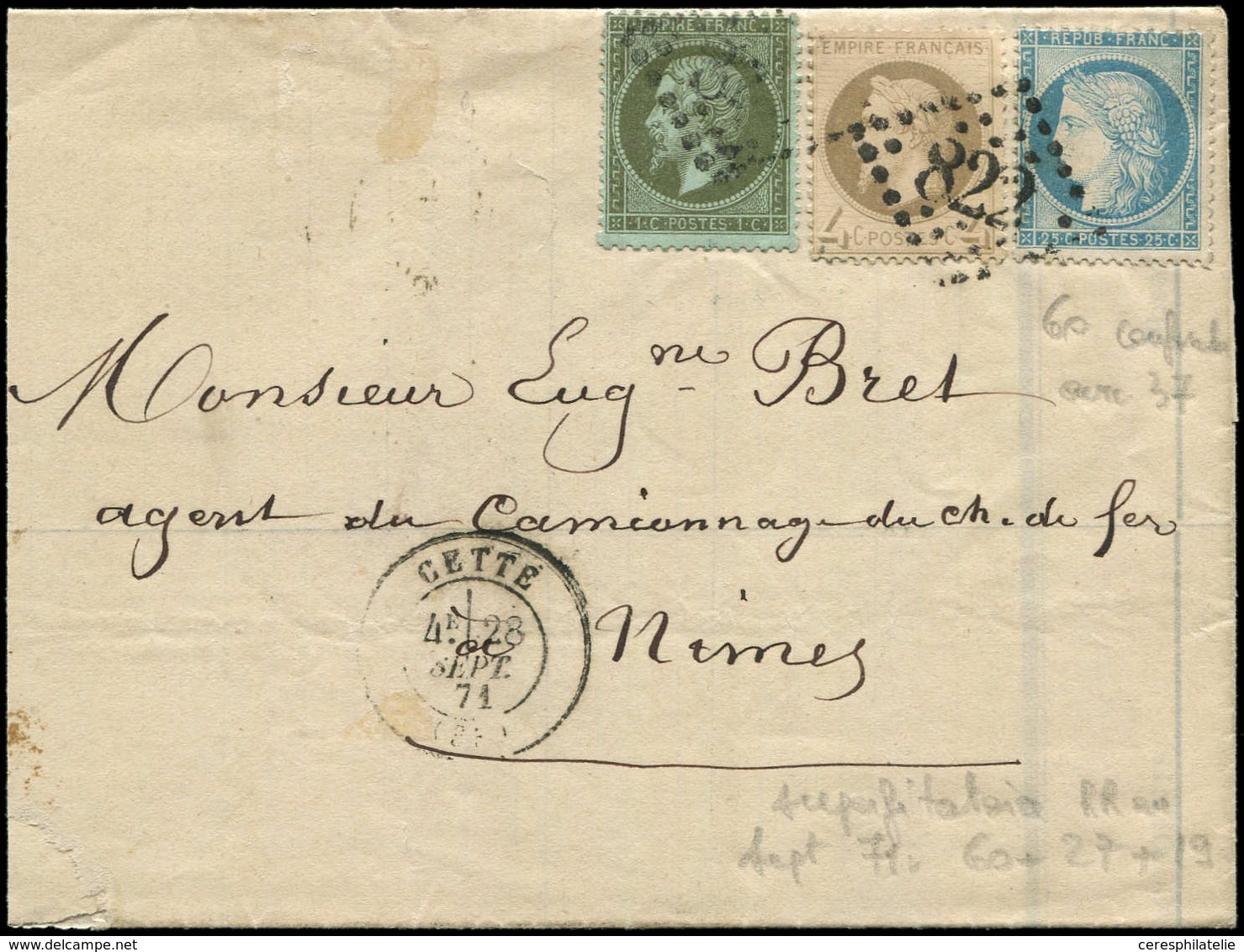 Let AFFRANCHISSEMENTS DE SEPTEMBRE 1871 - N°19, 27 Et 60 Obl. GC 822 S. LAC, Càd T17 CETTE 28/9/71, TB - 1849-1876: Periodo Classico