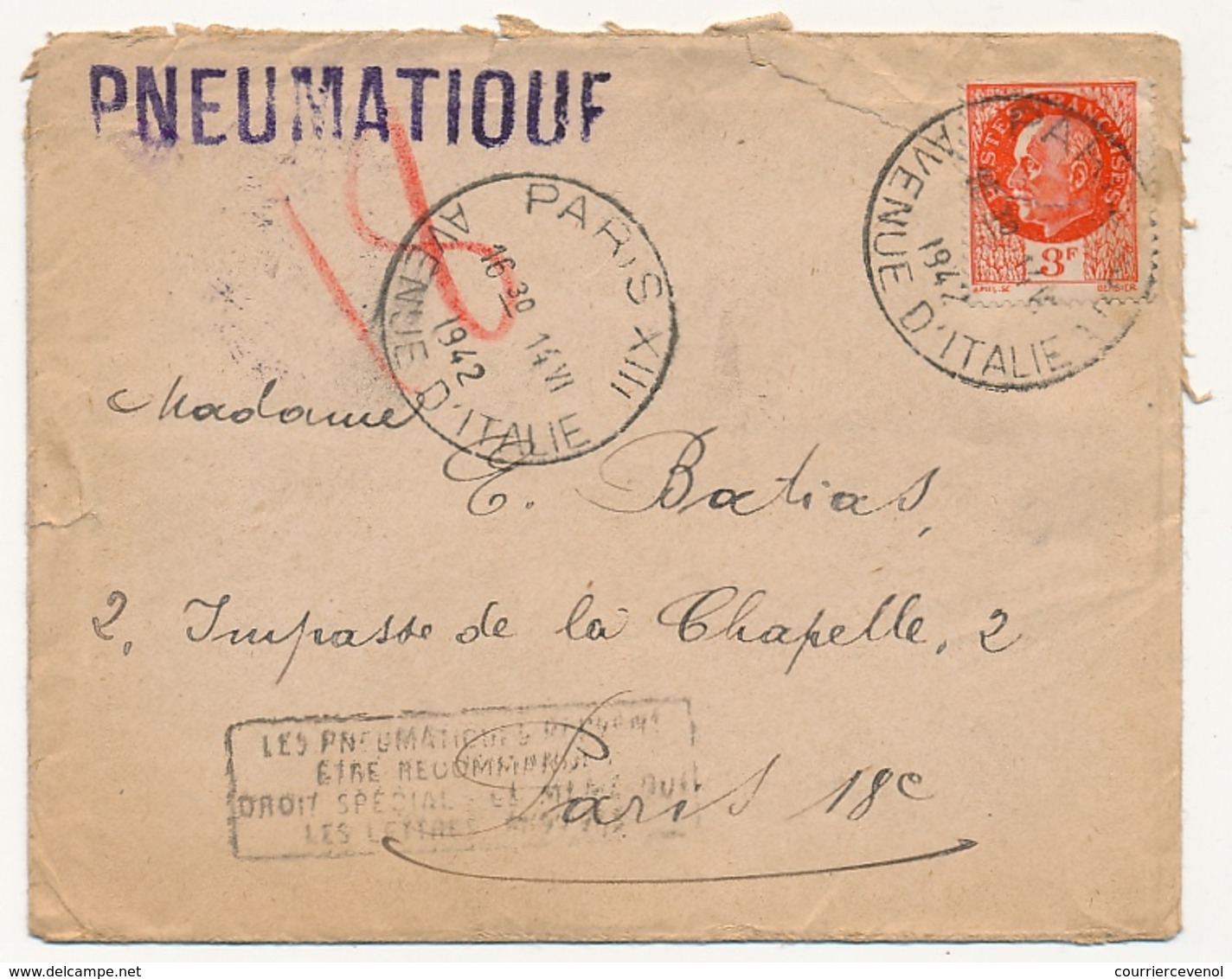 FRANCE - Deux Enveloppes Affr 3F Pétain - Pneumatiques De Paris 1942 - Timbres Défectueux - 1941-42 Pétain