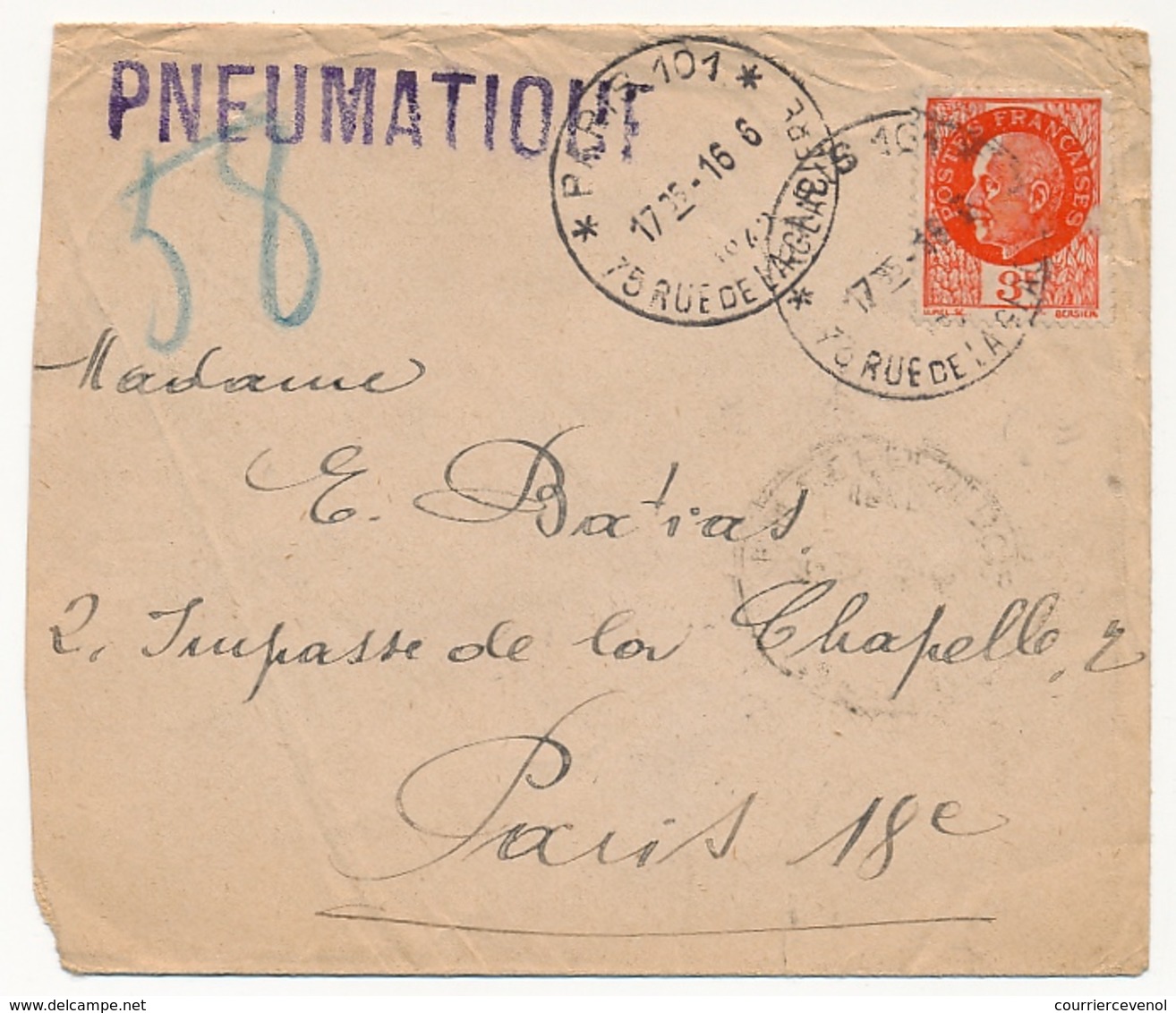FRANCE - Deux Enveloppes Affr 3F Pétain - Pneumatiques De Paris 1942 - Timbres Défectueux - 1941-42 Pétain