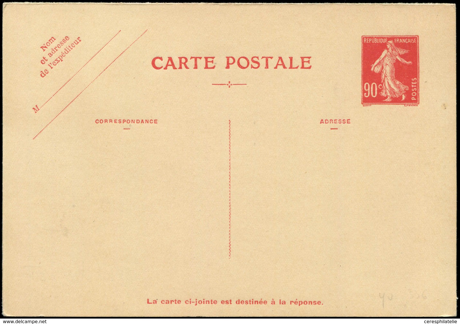 Let ENTIERS POSTAUX - Semeuse Camée, 90c. Rouge, CPRP N°T3a, Sans Date, TB - Altri & Non Classificati