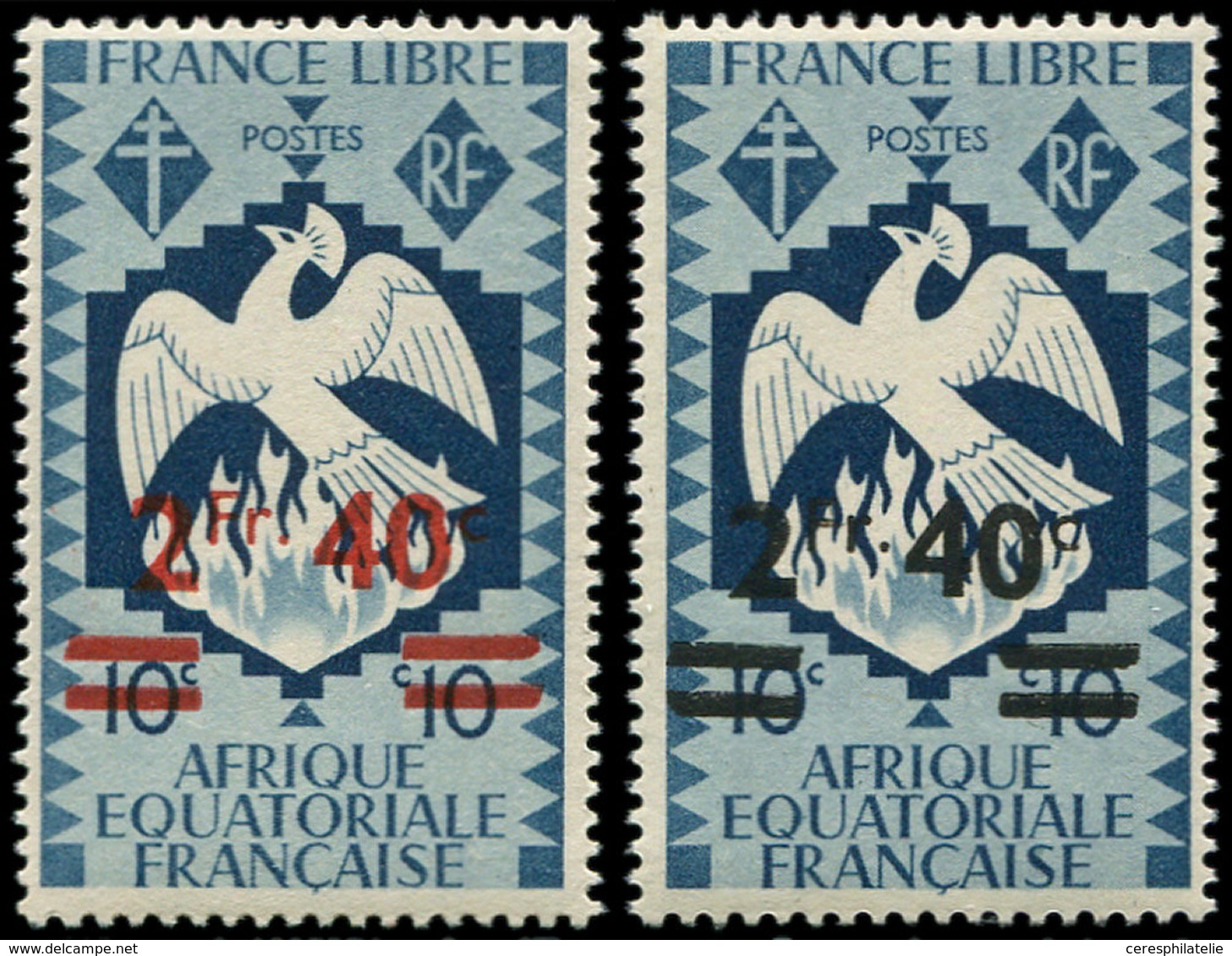 ** A.E.F. 202 : 2f.40 Sur 10c. Bleu, 2 Essais De Surch. En Noir Et En Rouge, NON EMIS, TB - Other & Unclassified