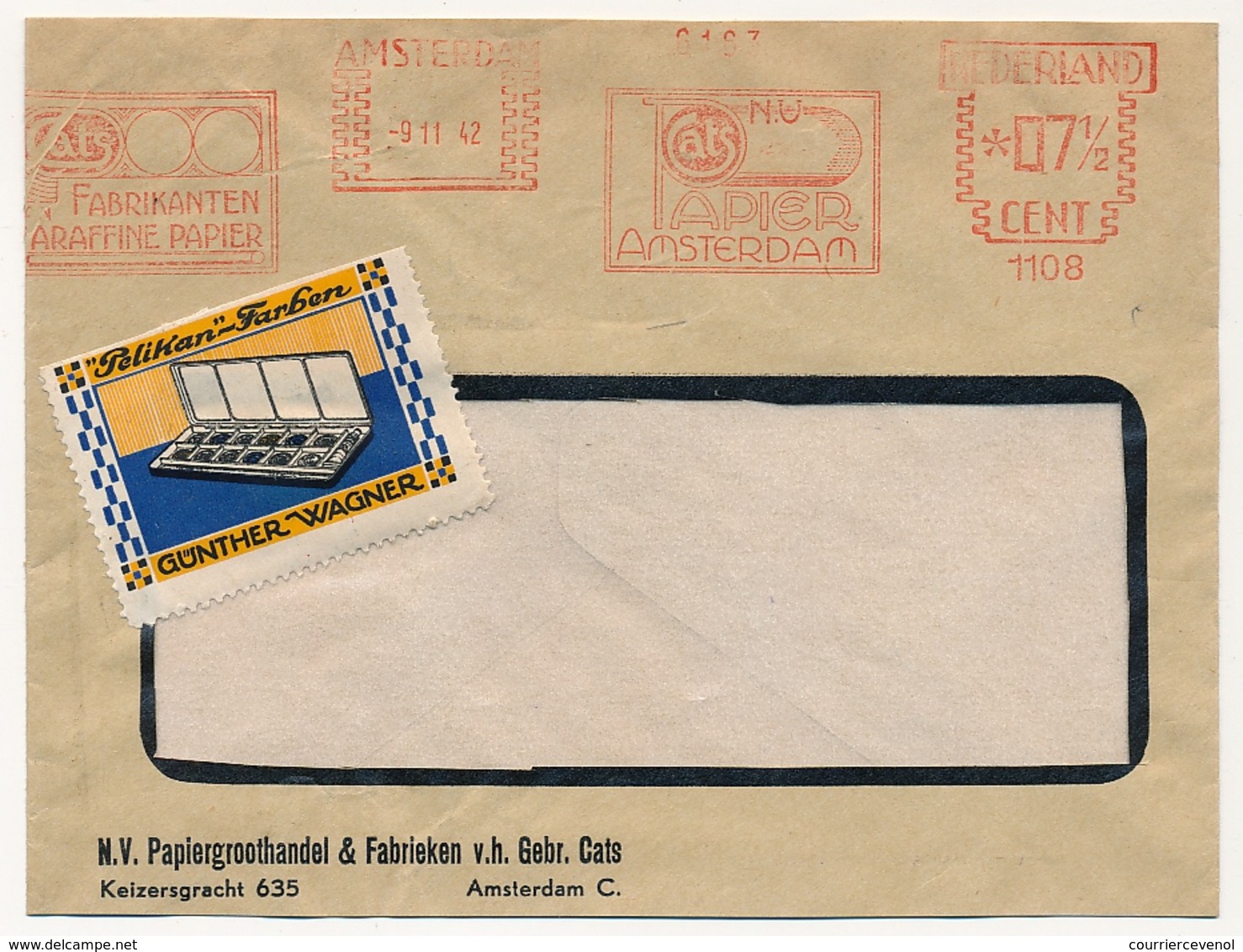 PAYS BAS - Enveloppe EMA Cats Papiers Amsterdam - 1942 - Vignette "Pelikan Farben Günther Wagner" - Erinnofilie