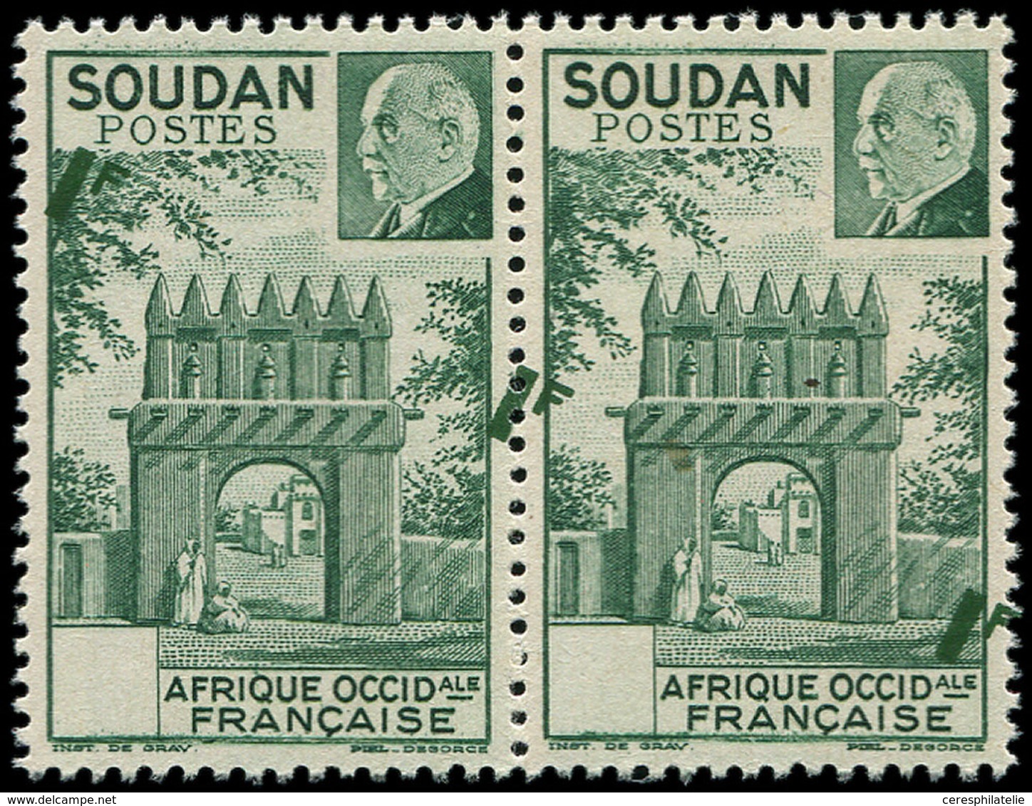 ** SOUDAN 129 : 1f. Vert, PAIRE Horiz., La Valeur Est Imprimée 3 Fois En Diagonale Et A CHEVAL, Sans Valeur Dans Le Cart - Otros & Sin Clasificación