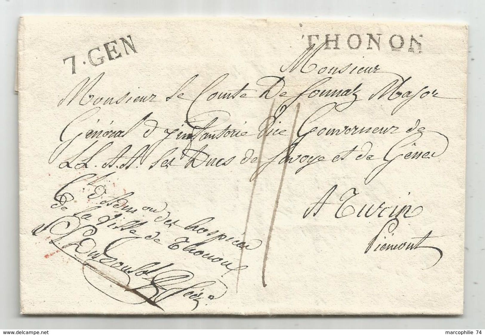 HAUTE SAVOIE MARQUE THONON LETTRE COMTE SONNAZ MAJOR GENERAL INFANTERIE + FRANCHISE HOSPICE THONON 1832 +OISEAU - 1801-1848: Precursors XIX