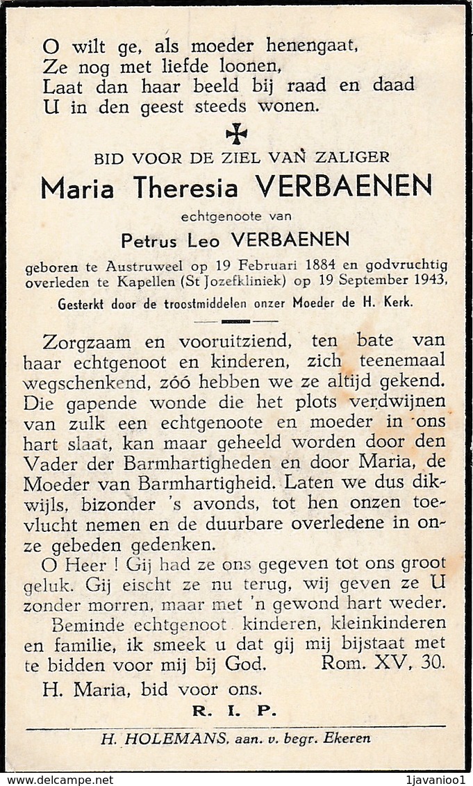 Austruweel, Kapellen, 1943, Maria Verbaenen, - Devotieprenten