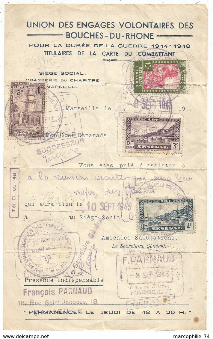 SENEGAL SOMALIS SOUDAN FEUILLE ENTETE UNION ENGAGES VOLONTAIRES BOUCHES DU RHONE MARSEILLE SEPT 1945 - Military Postmarks From 1900 (out Of Wars Periods)