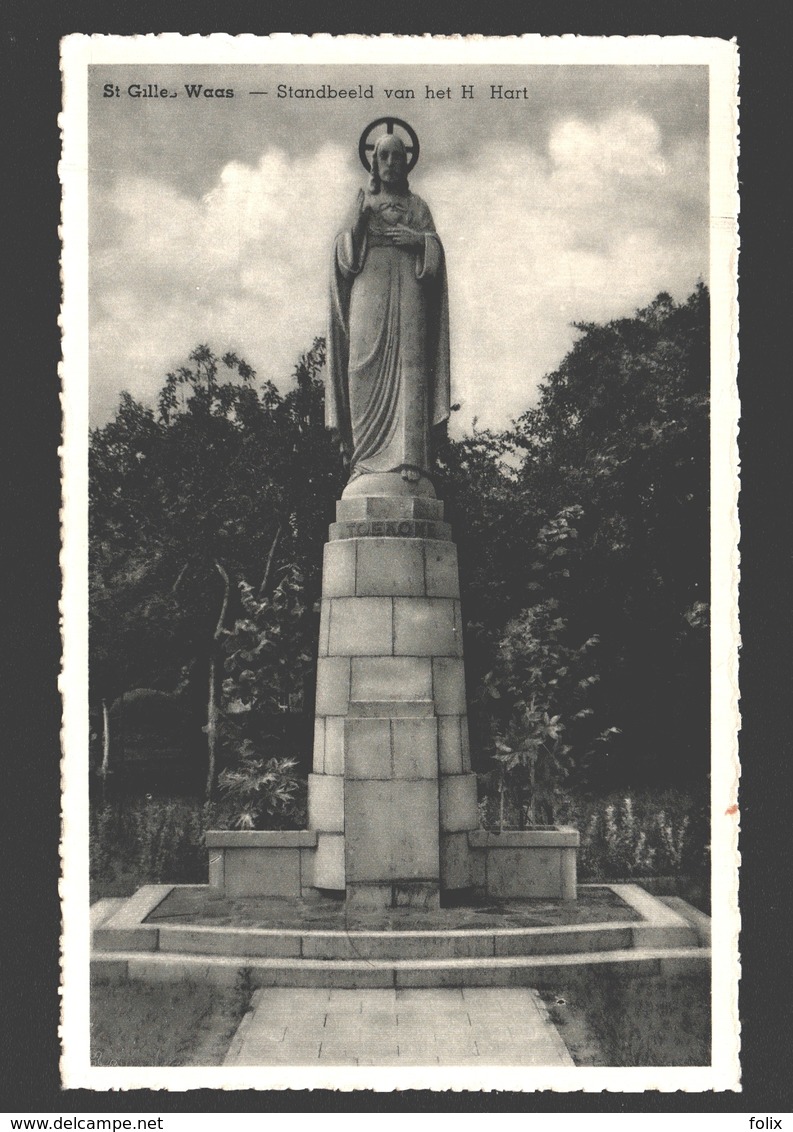 Sint-Gillis-Waas - Standbeeld Van Het H. Hart - Uitg. Em. Van Den Bosch, Bazar En Huishoudartikelen - Sint-Gillis-Waas