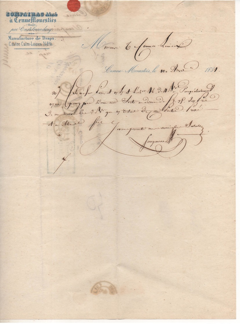 Cursive De " CENNES MONESTIES " ( Aude) Cachet Poste De CASTELNAUDARY Postée En 1852 - 1801-1848: Précurseurs XIX