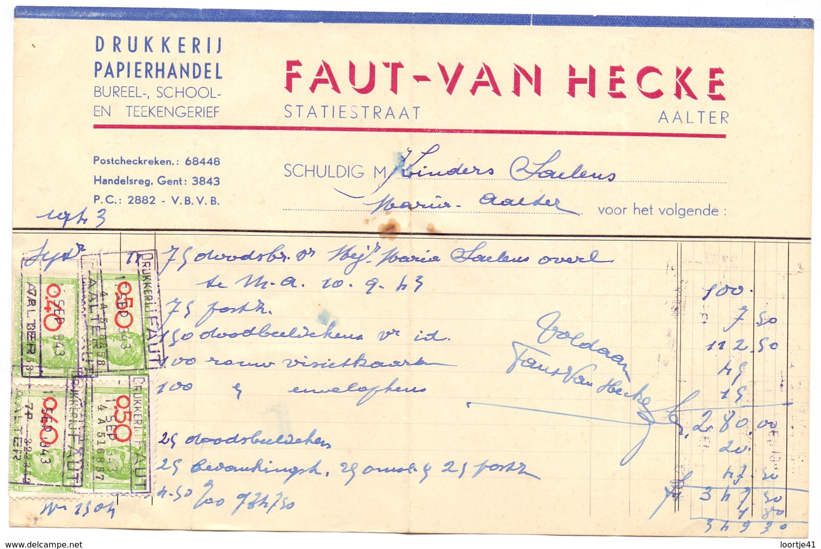 Factuur Rekening - Drukkerij Faut - Van Hecke - Aalter 1943 - Printing & Stationeries