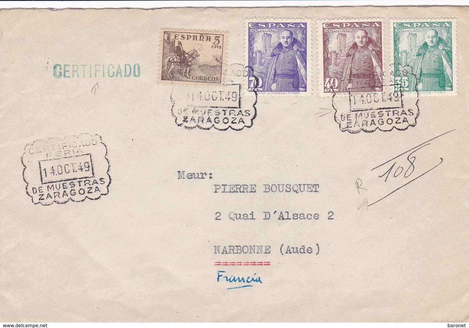 Env Recommandé T.P. Ob De Muestras Zaragoza 14 Oct 49 Pour Narbonne, Aude - Usati