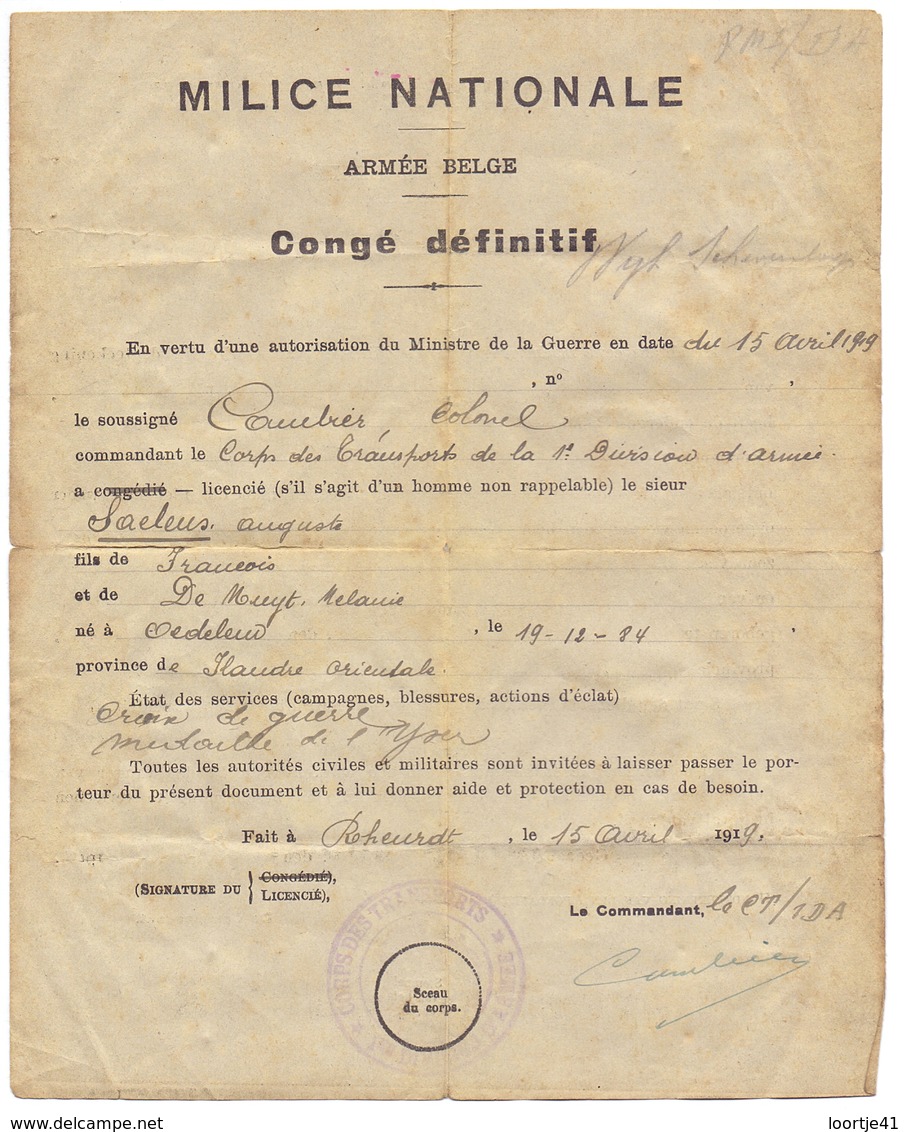 Militair - Milice Nationale - Congé Definitif 1919 - August Saelens ° Oedelem 1884 - Documents