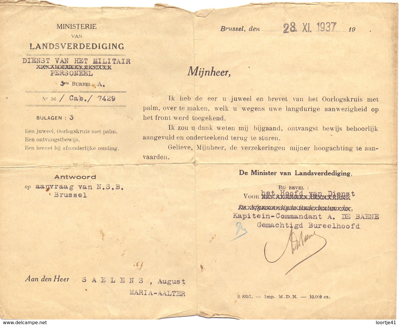 Militair - Toekenning Oorlogskruis Met Palm - August Saelens ° Oedelem 1884 - Woont Maria Aalter - 1937 - Documenten