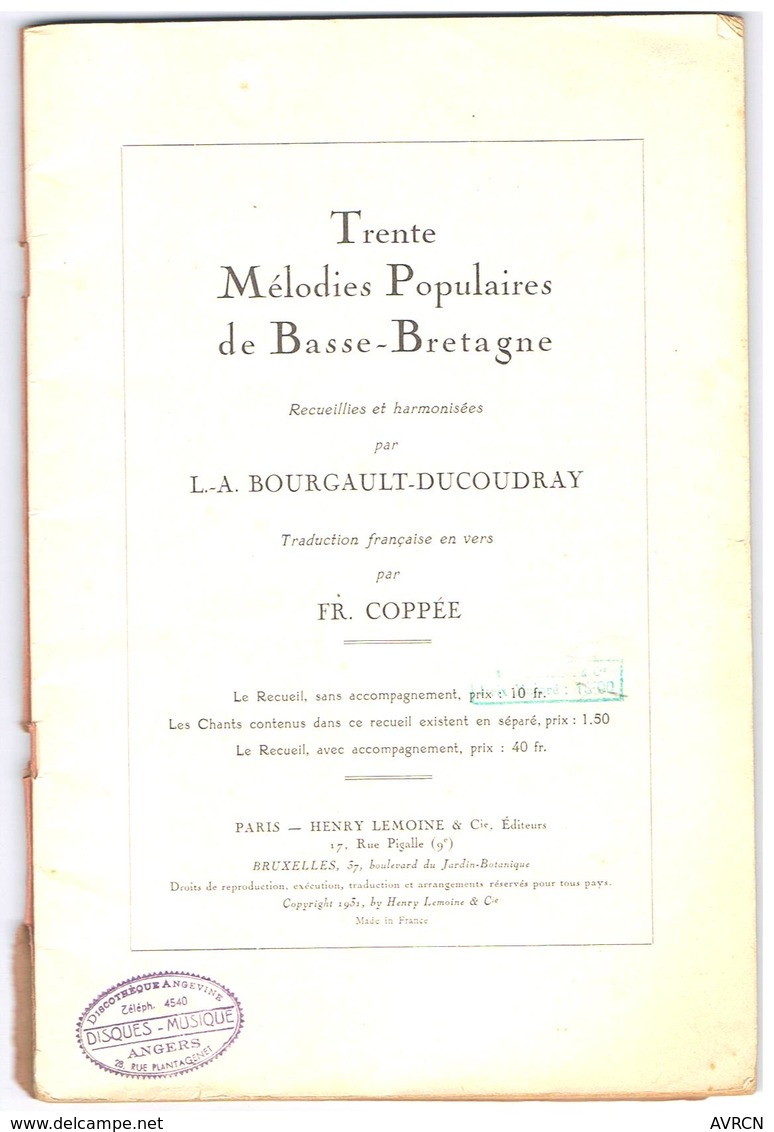 Trente Mélodies Populaires De Basse Bretagne Par L.A. Bourgault-Ducoudray.1931 - Folk Music
