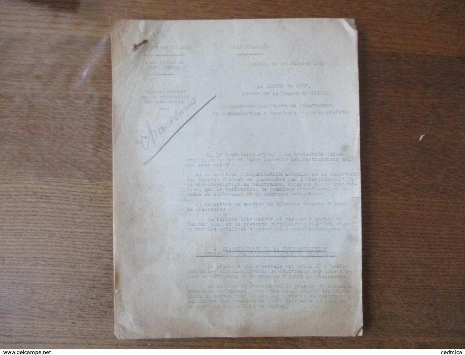 ETAT FRANCAIS LILLE LE 16 JANVIER 1942 LE PREFET DU NORD RAVITAILLEMENT DE LA POPULATION EN CHAUSSURES 8 PAGES - Documents Historiques