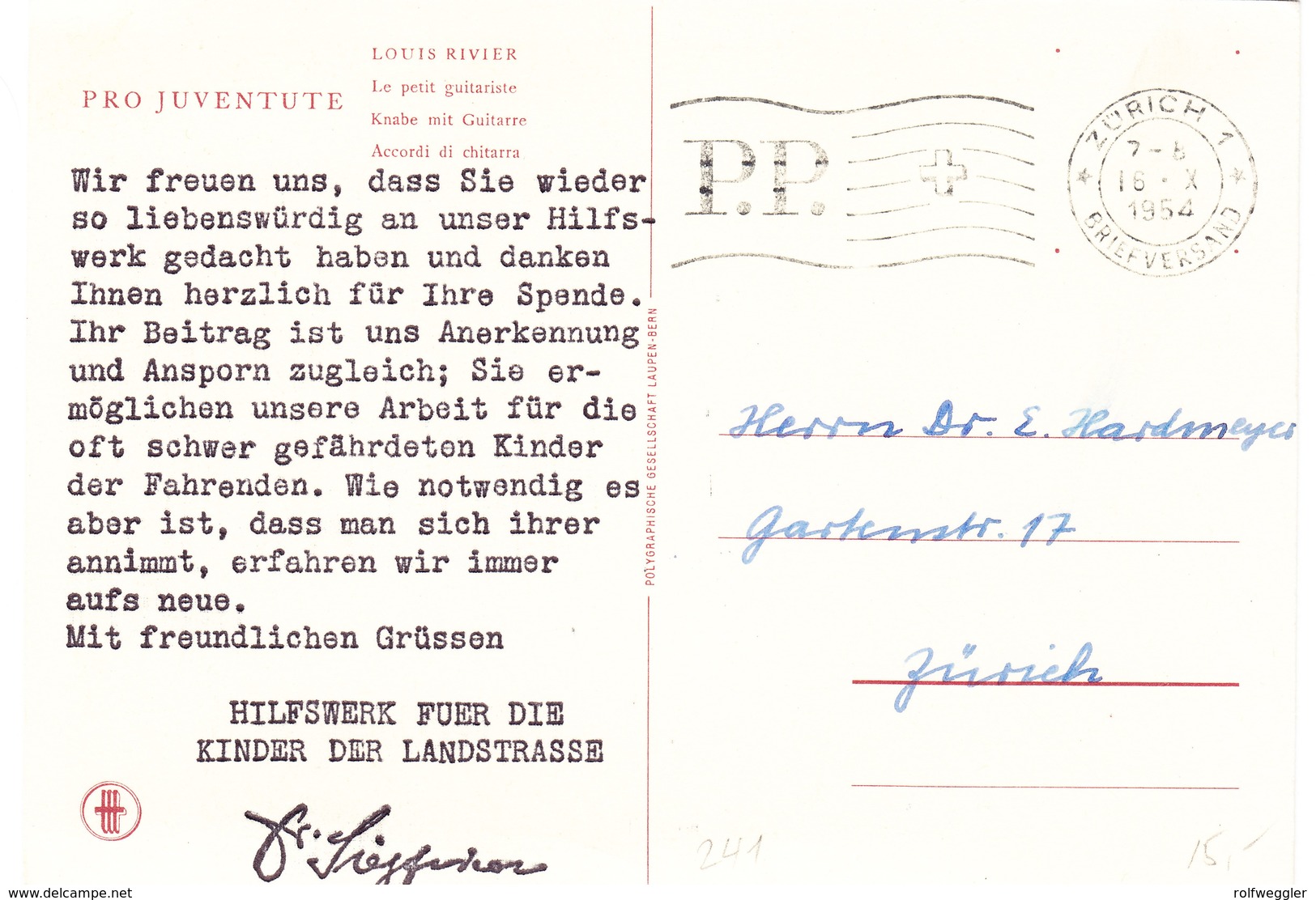 1954 Juventute Karte L. Rivier: Knabe Mit Gitarre, Vorgedruckter Text Mit Unterschrift Aus Zürich - Briefe U. Dokumente