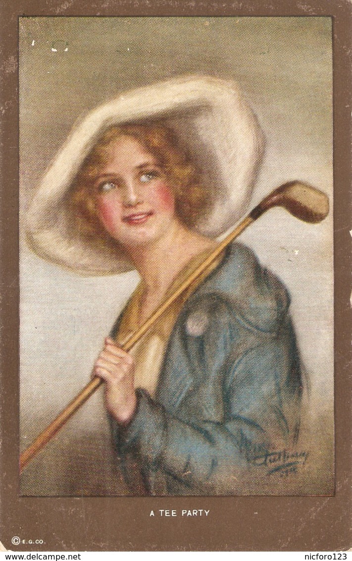 "Pretty Lady. A Tee Psrty" Nice Vintage Emerican Postcard. Artist Signed - Frauen