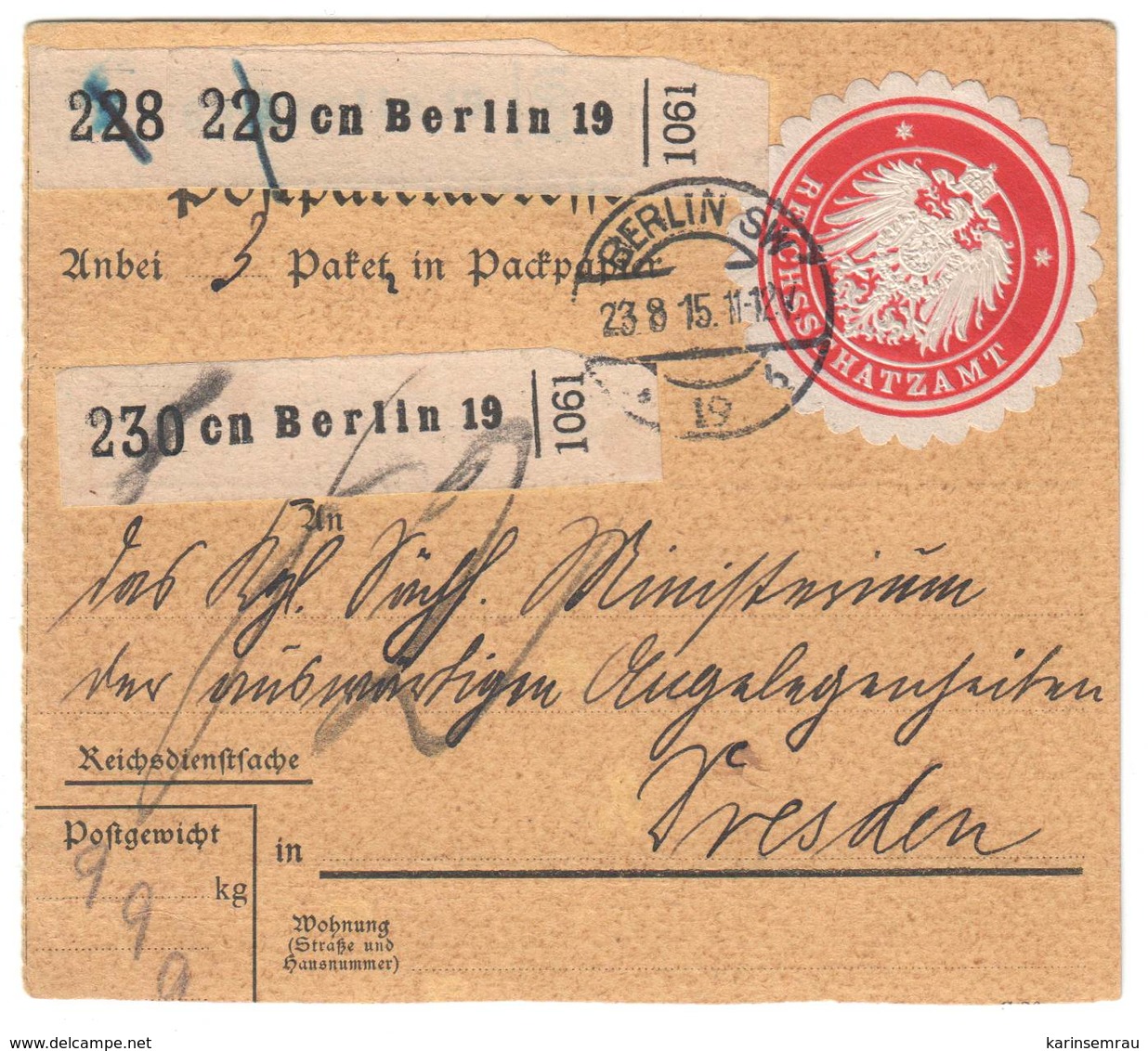 Deutsches Reich 1915 , Paketkarte Vom Reichsschatzamt Mit Verschlusssiegel - Briefe U. Dokumente