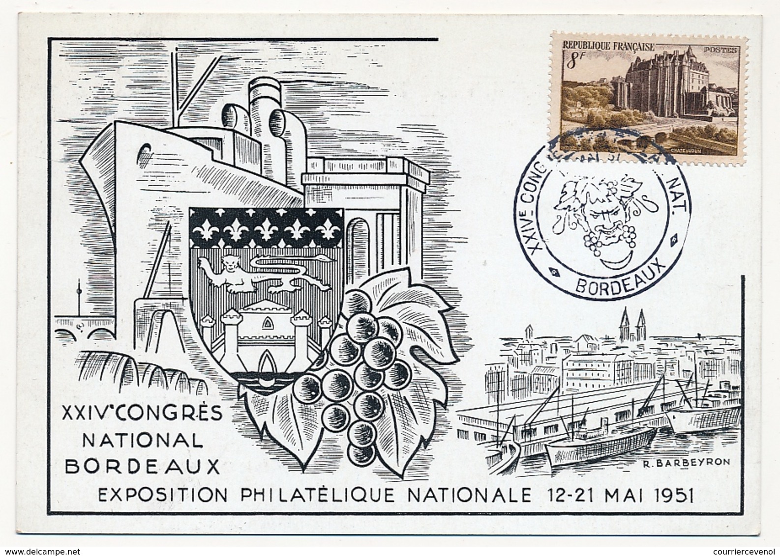 FRANCE - Carte Commémorative Et Cachet "XXIVe Congrès National BORDEAUX 1951" Expo Philatélique Nationale - Cachets Commémoratifs